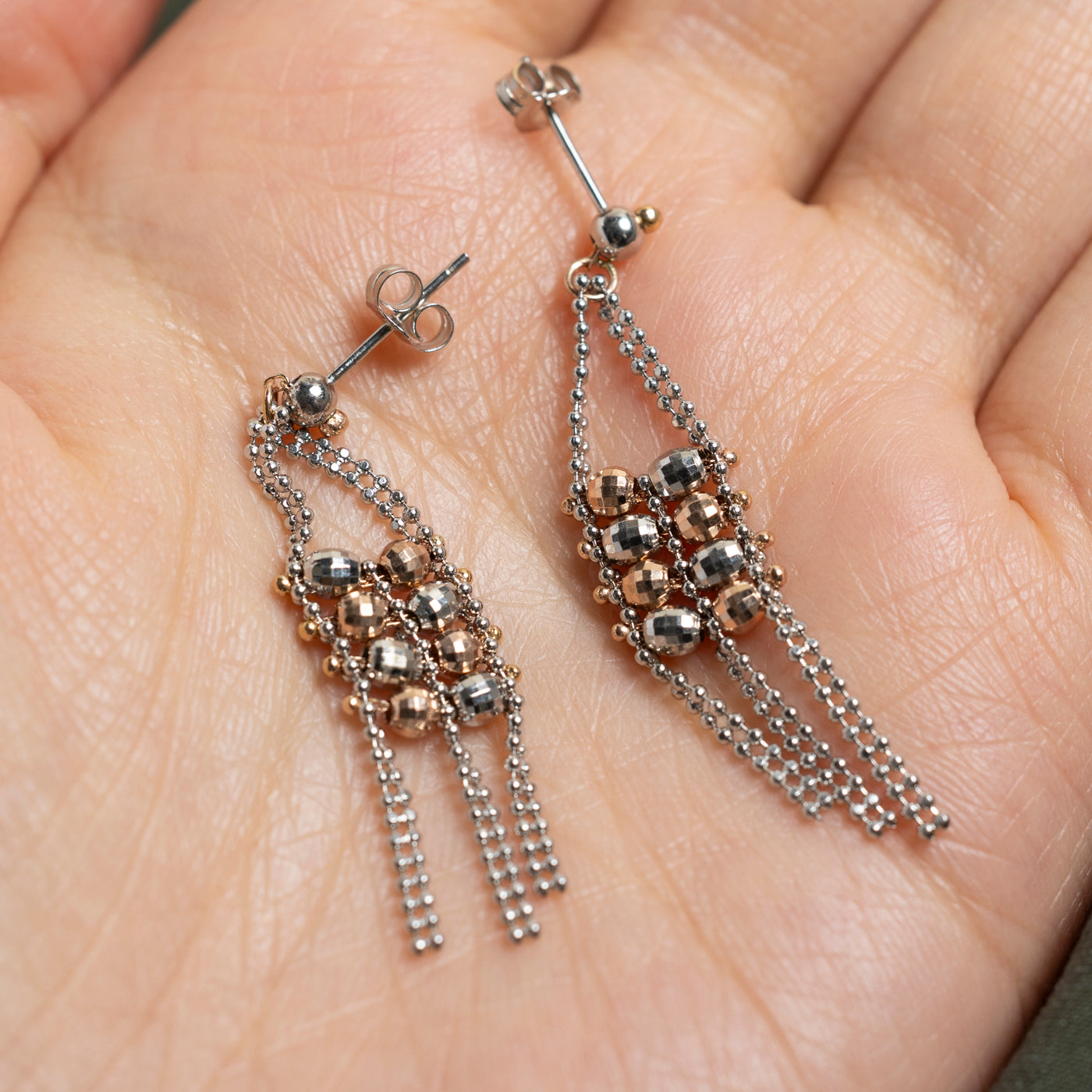 14k White & Rose Gold Beaded Drop Earrings