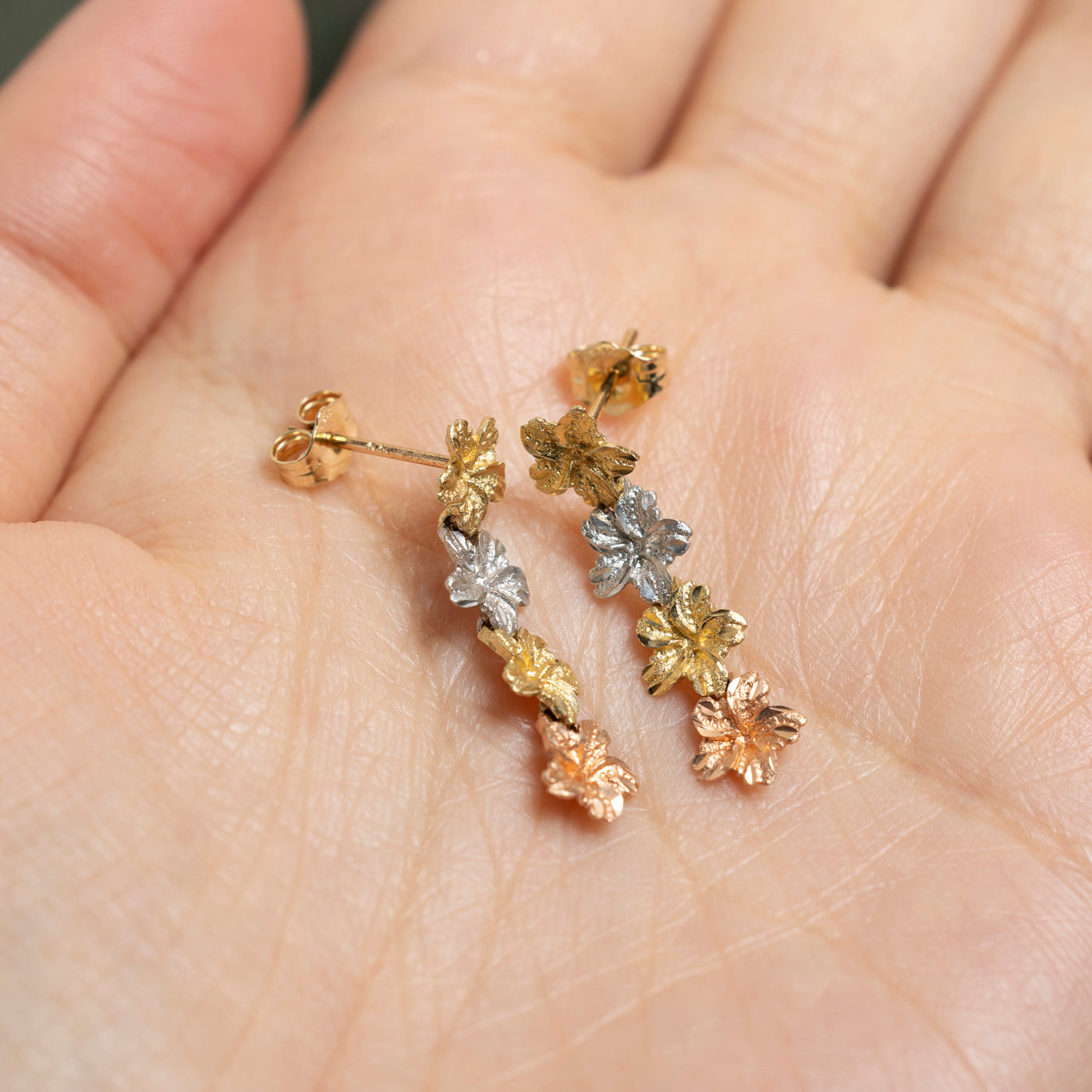 14k Tri Tone Gold Floral Drop Earrings