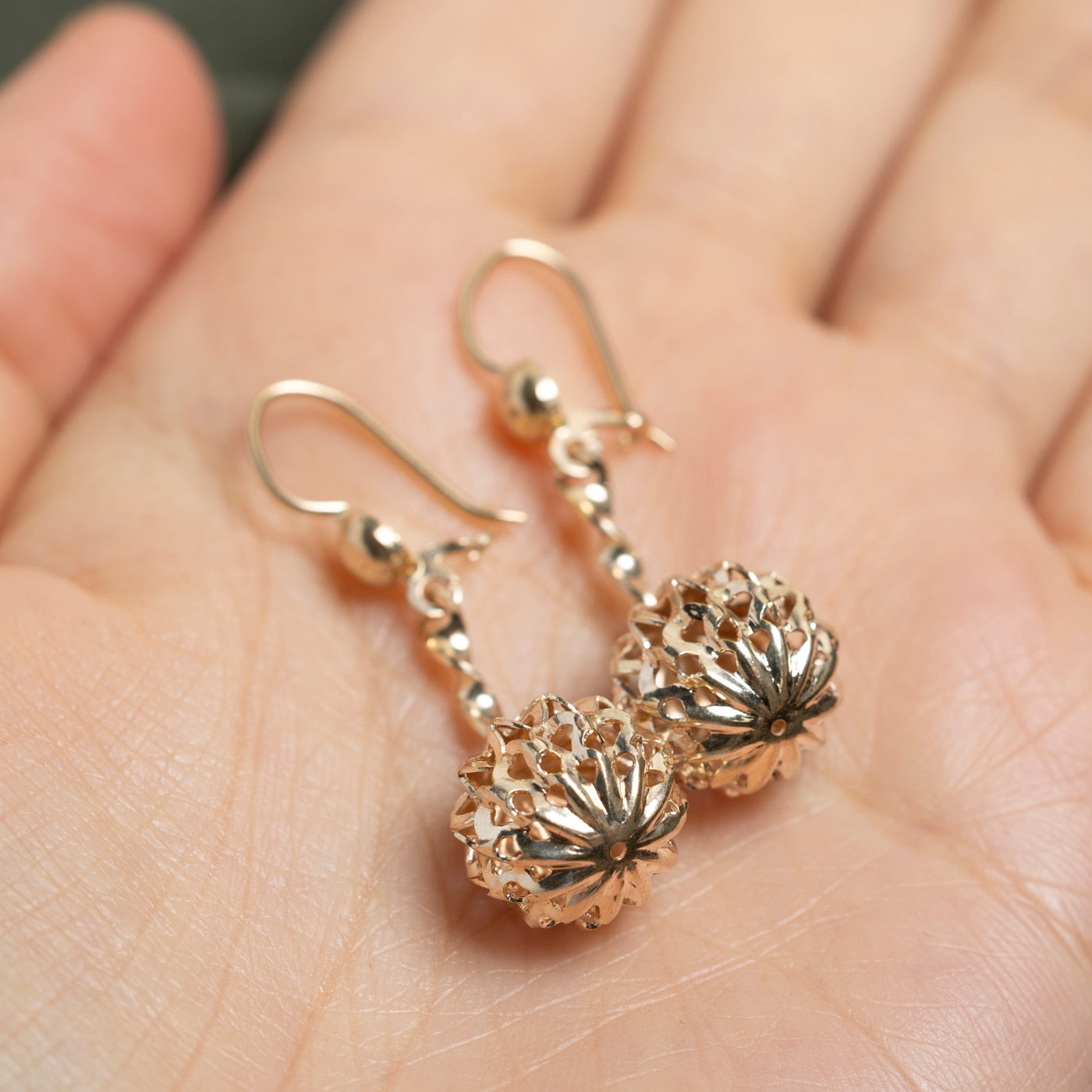 18k Yellow Gold Openwork Sphere Drop Earrings