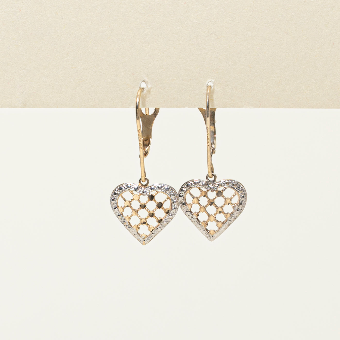 10k Two Tone Gold Textured Heart Drop Earrings