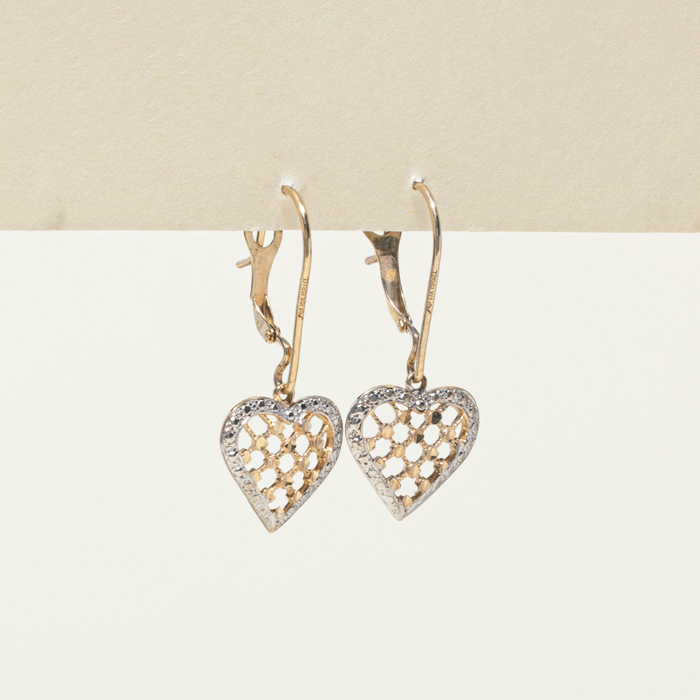 10k Two Tone Gold Textured Heart Drop Earrings