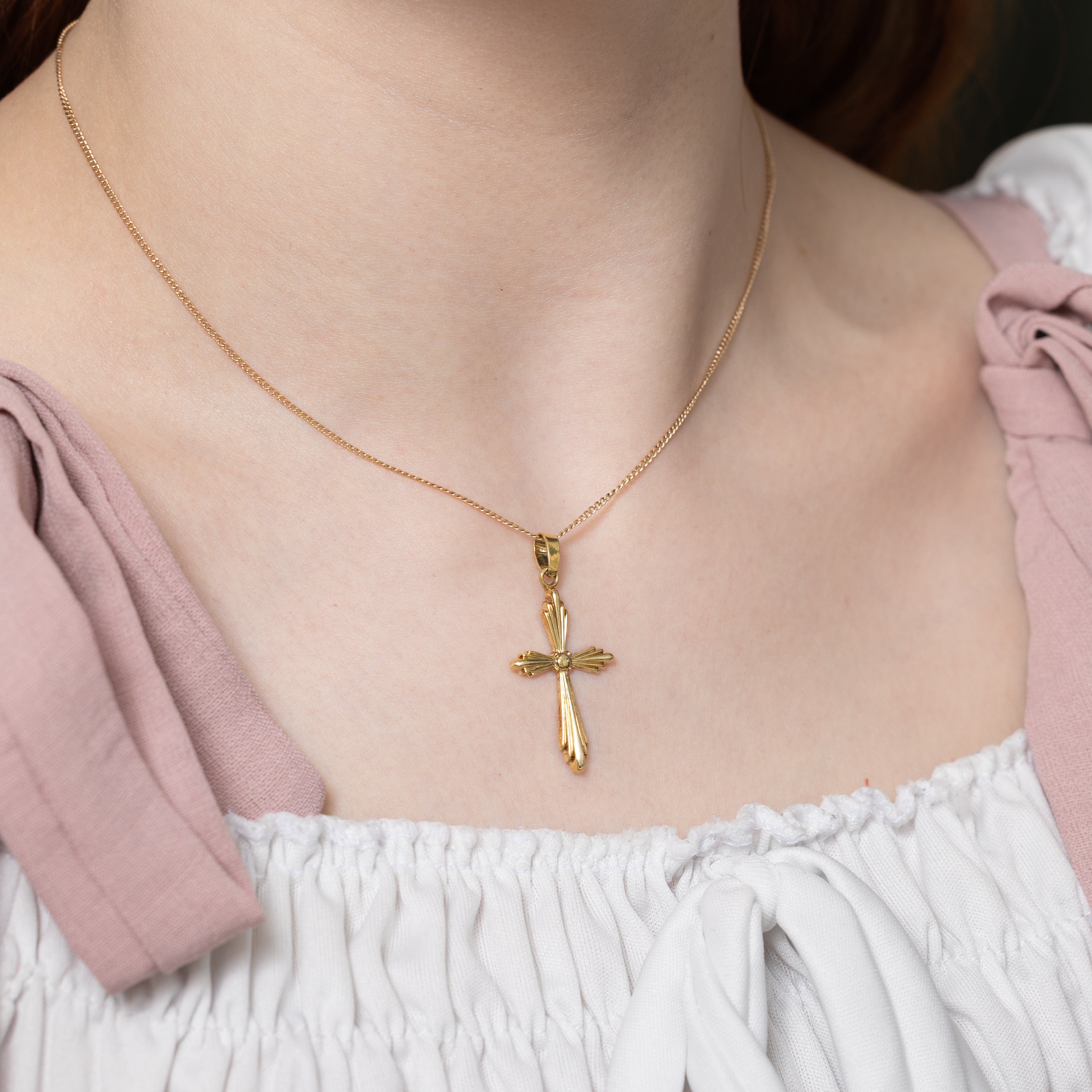 'Birks' 14k Yellow Gold Grooved Cross Pendant