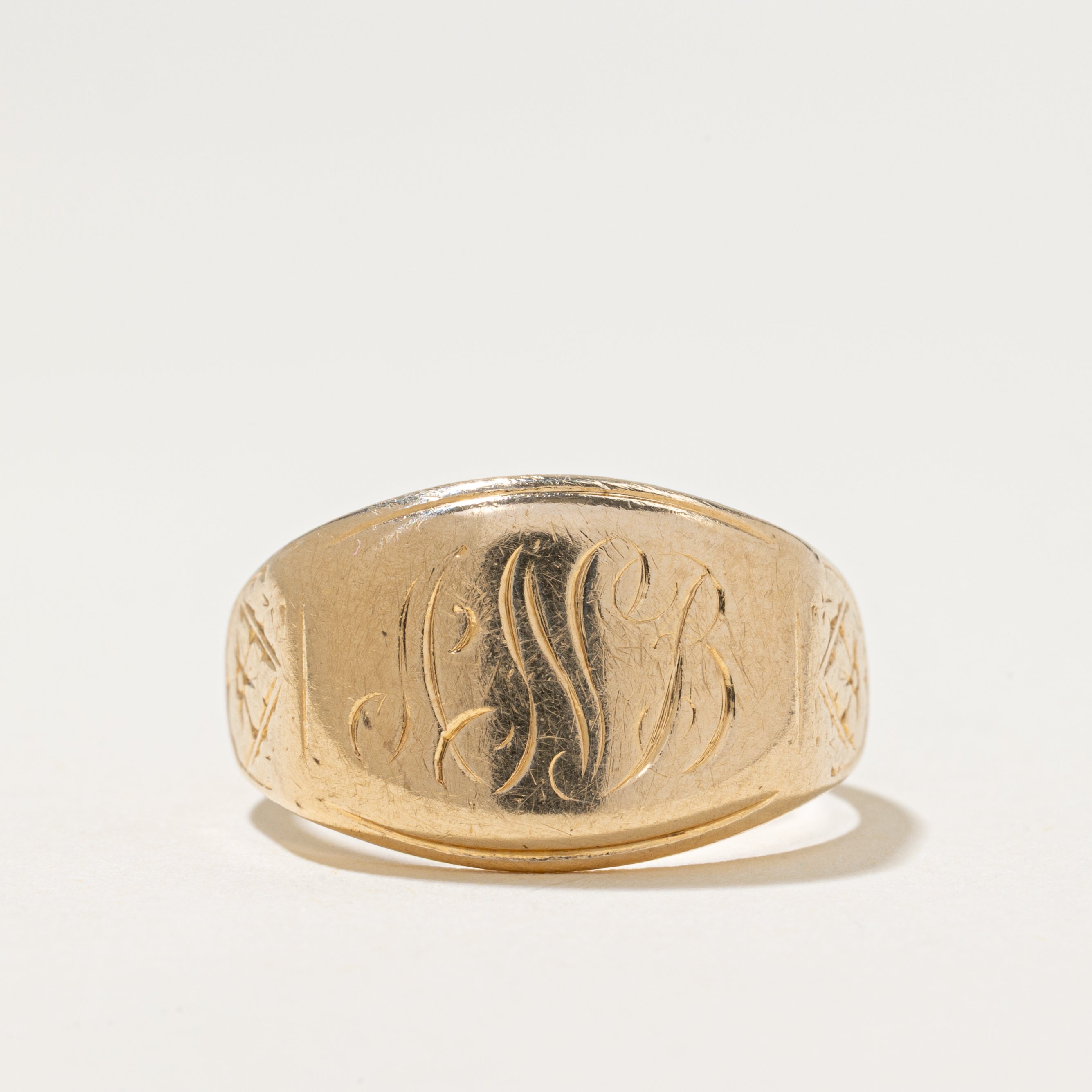 'Birks' 10k Yellow Gold Engraved Floral Signet Ring | SZ 10