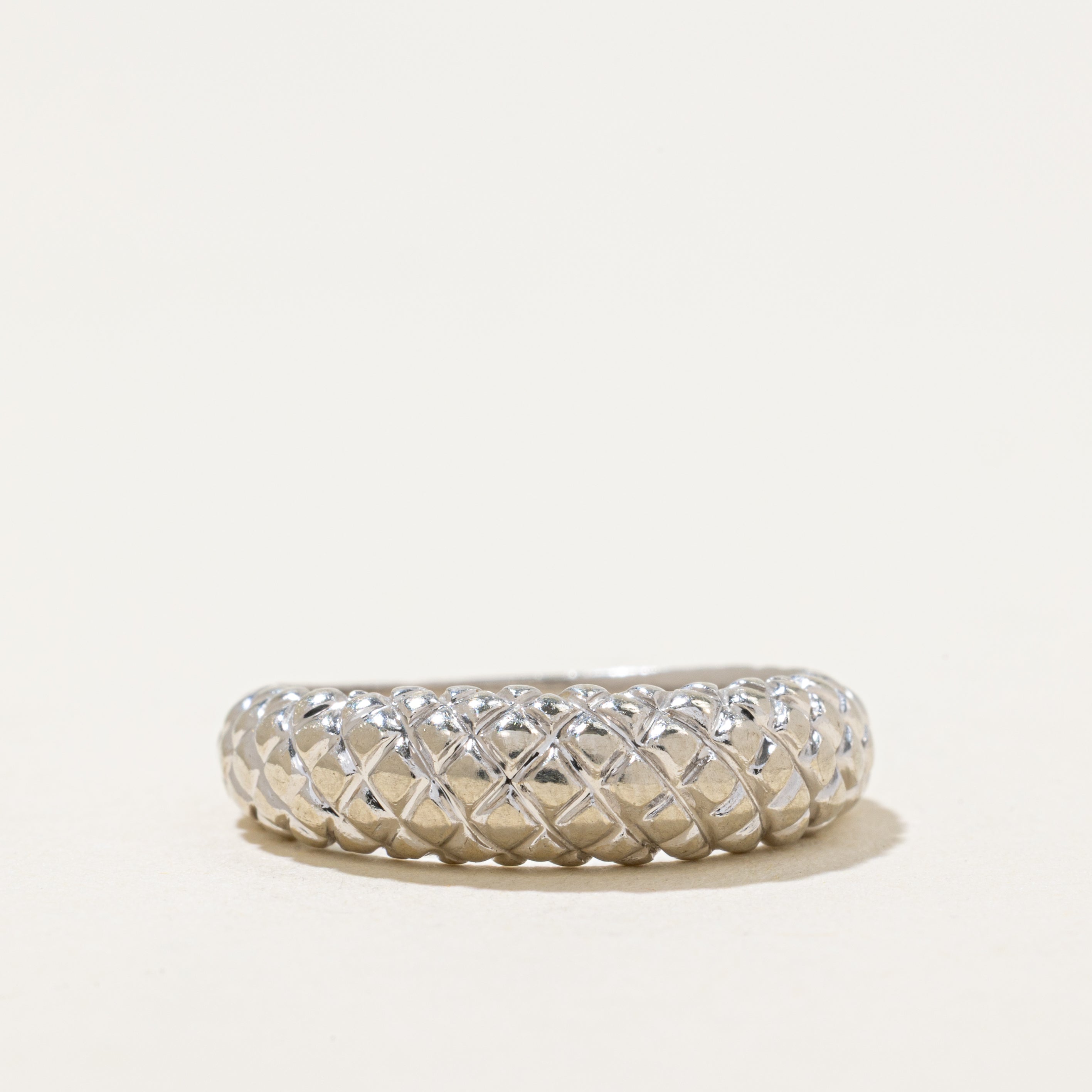 'Birks' 14k White Gold Cross Hatch Textured Dome Ring | SZ 6.5