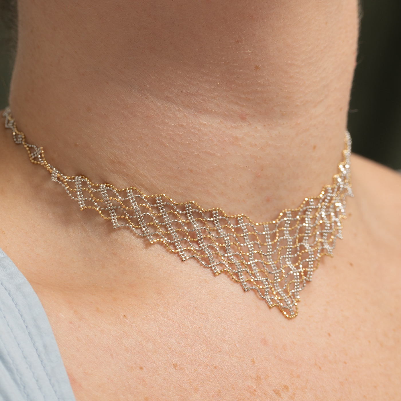 14k Two Tone Gold Mesh Bead Chain Necklace | 13"