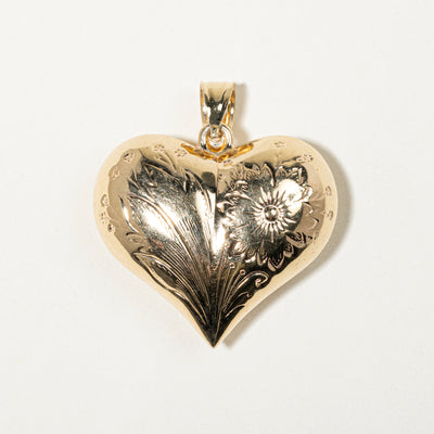 14k Yellow Gold Engraved Puffed Heart Pendant