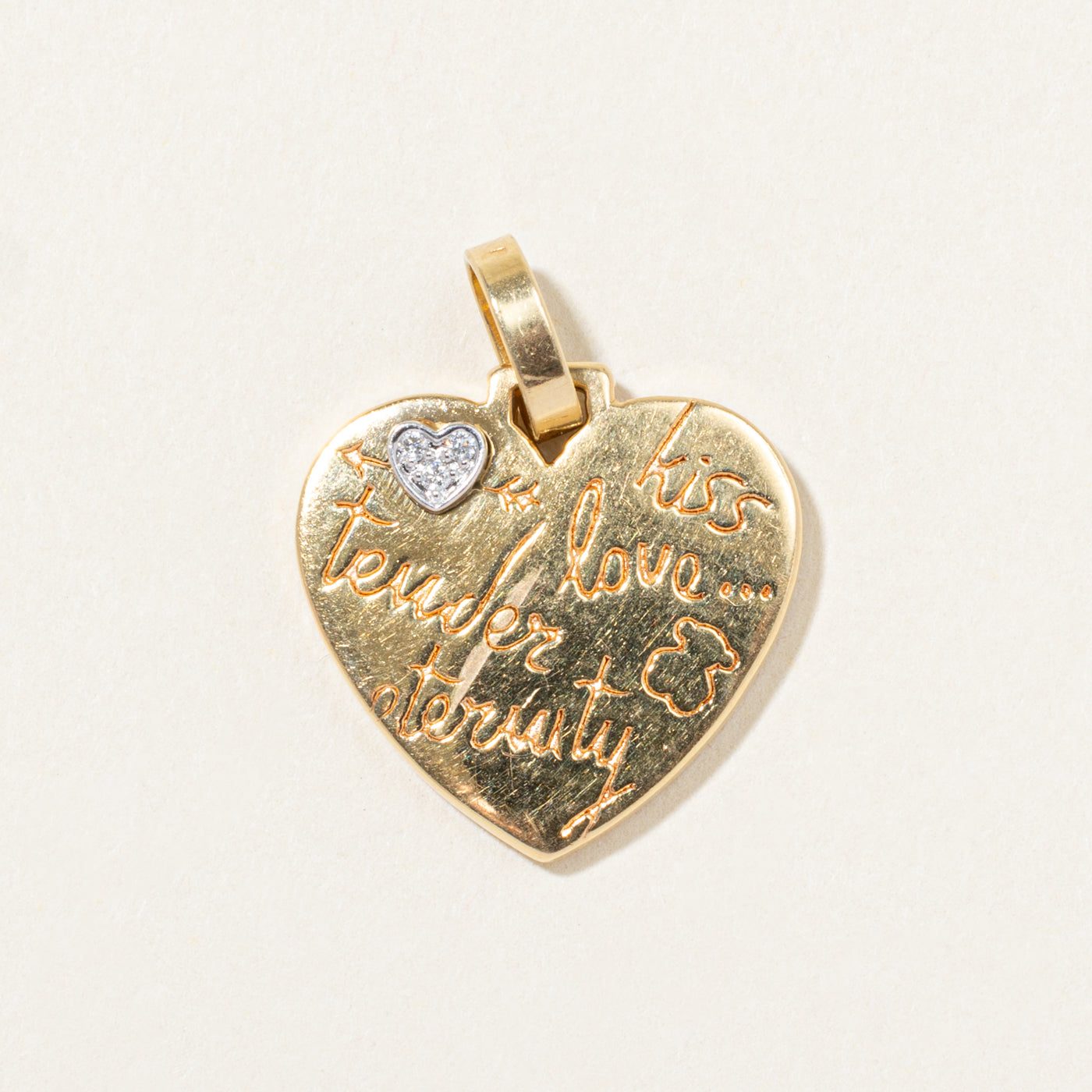 18k Yellow Gold "Kiss, Love, Tender Eternity" Heart Pendant