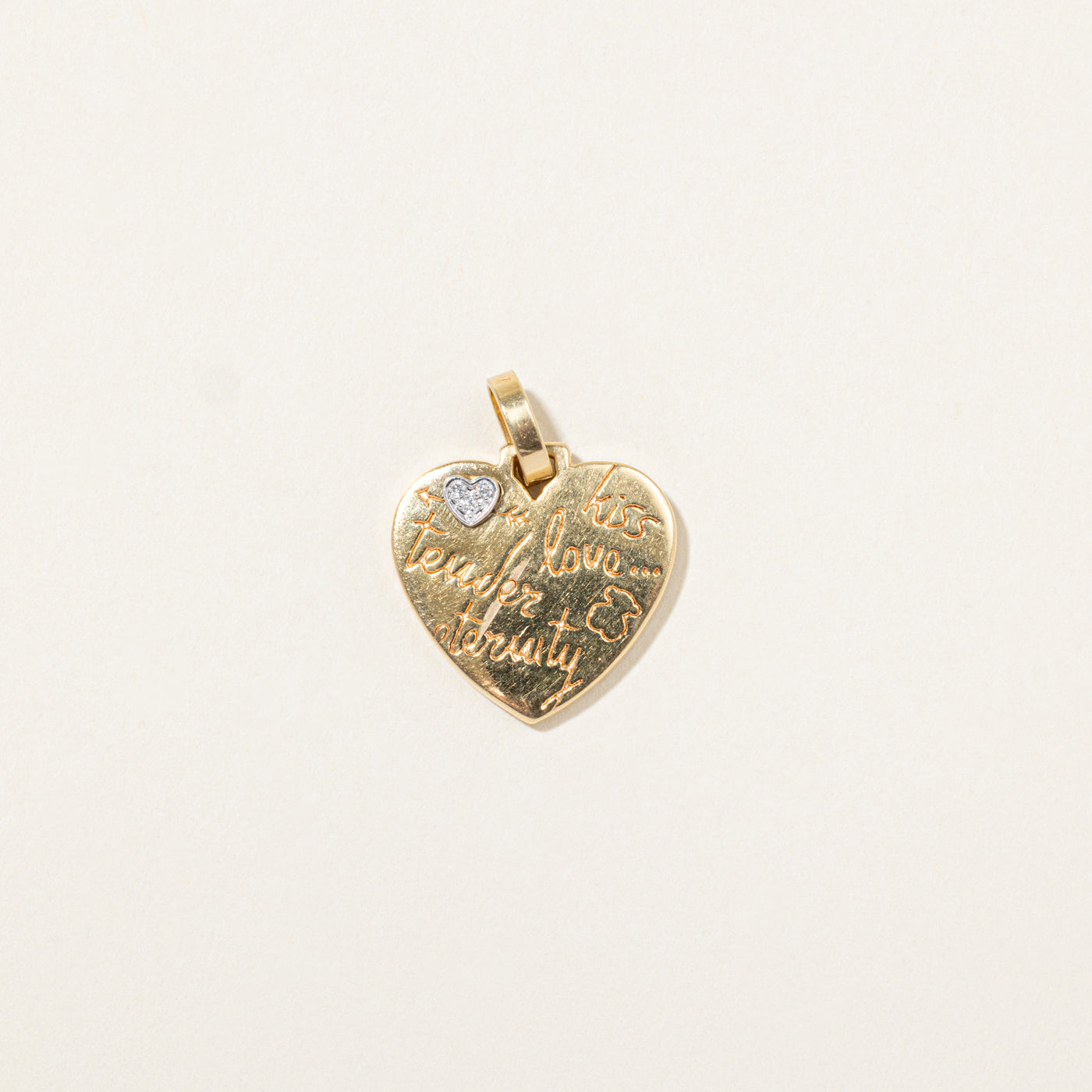 18k Yellow Gold "Kiss, Love, Tender Eternity" Heart Pendant