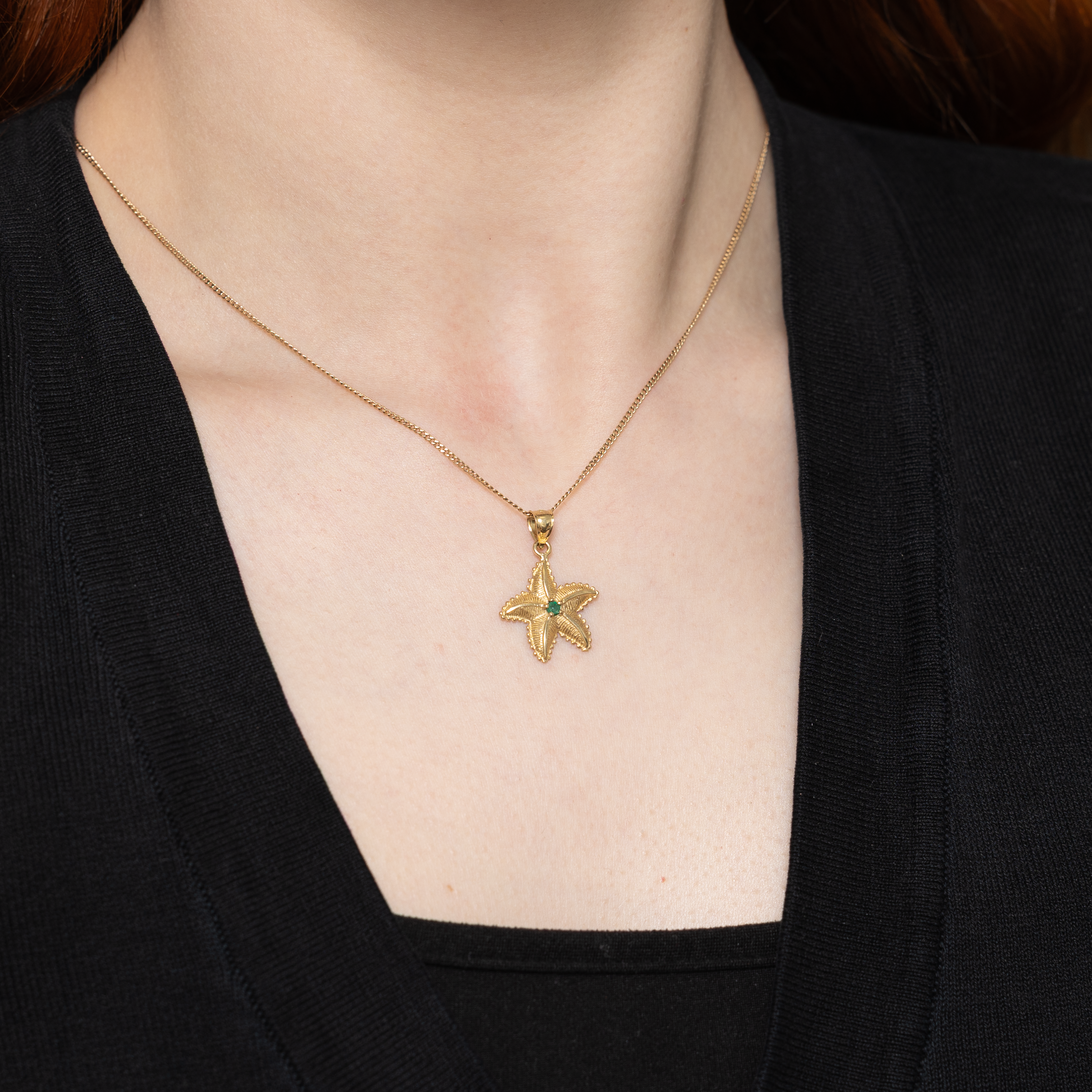 14k Yellow Gold Emerald Starfish Pendant