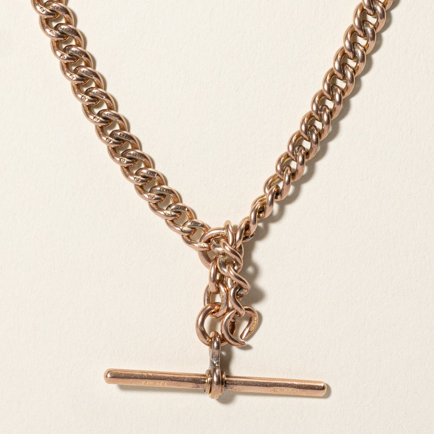 1908 Chester 9k Rose Gold Curb Link T Bar Watch Chain | 15.5"