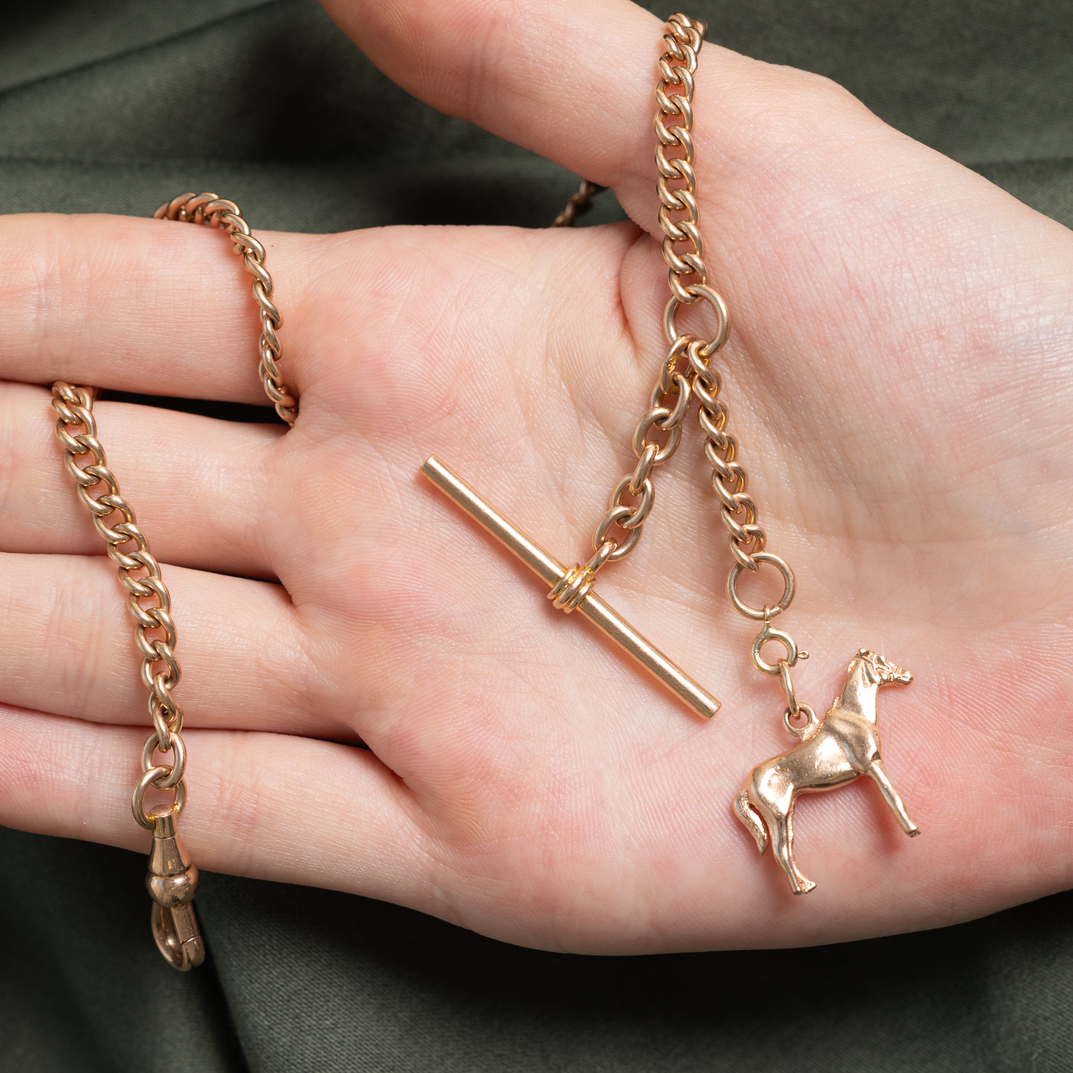 10k Rose Gold Horse Charm Curb Link Watch Chain | 11.5"