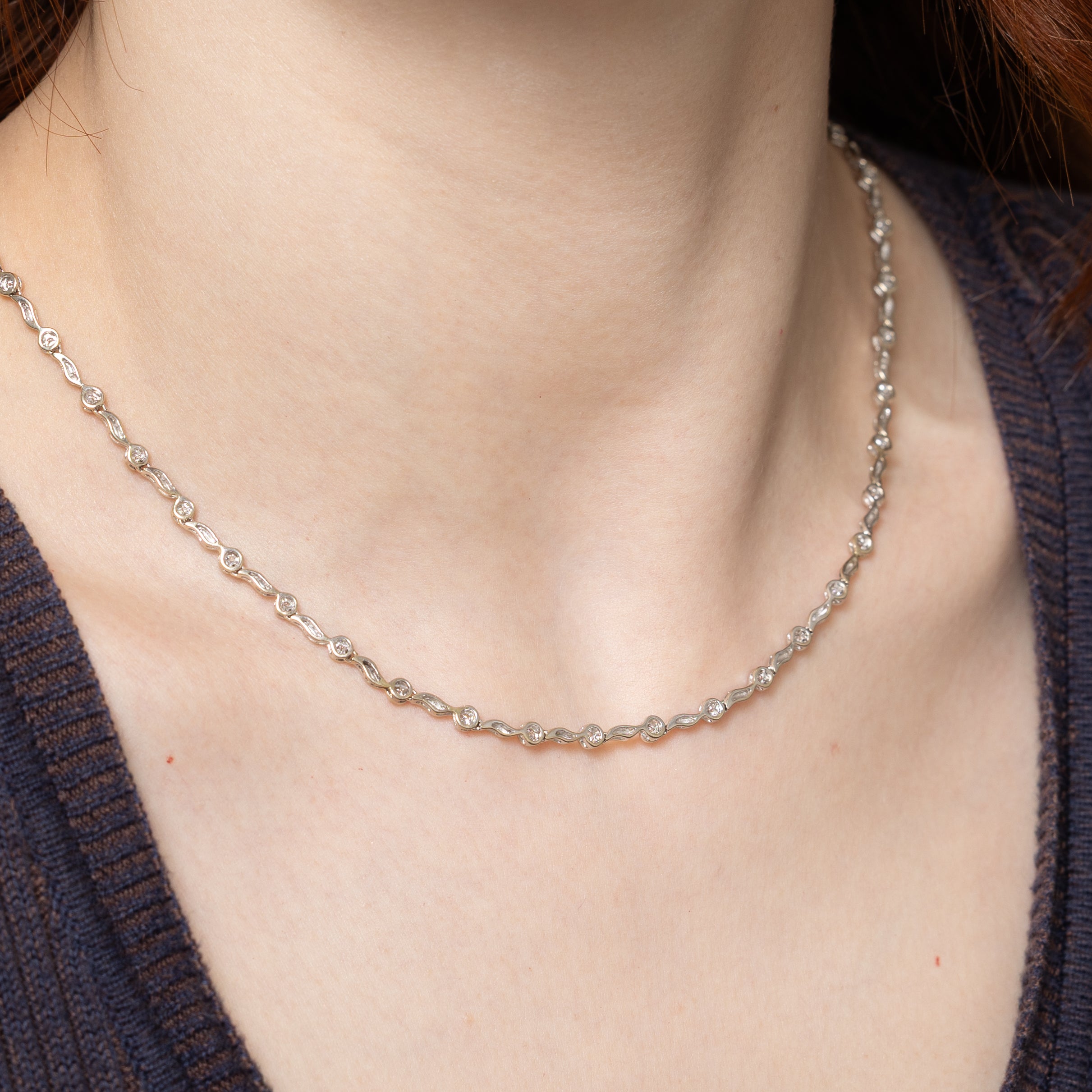 White Gold Diamond Swirl Link Tennis Necklace | 0.96ctw | 17"