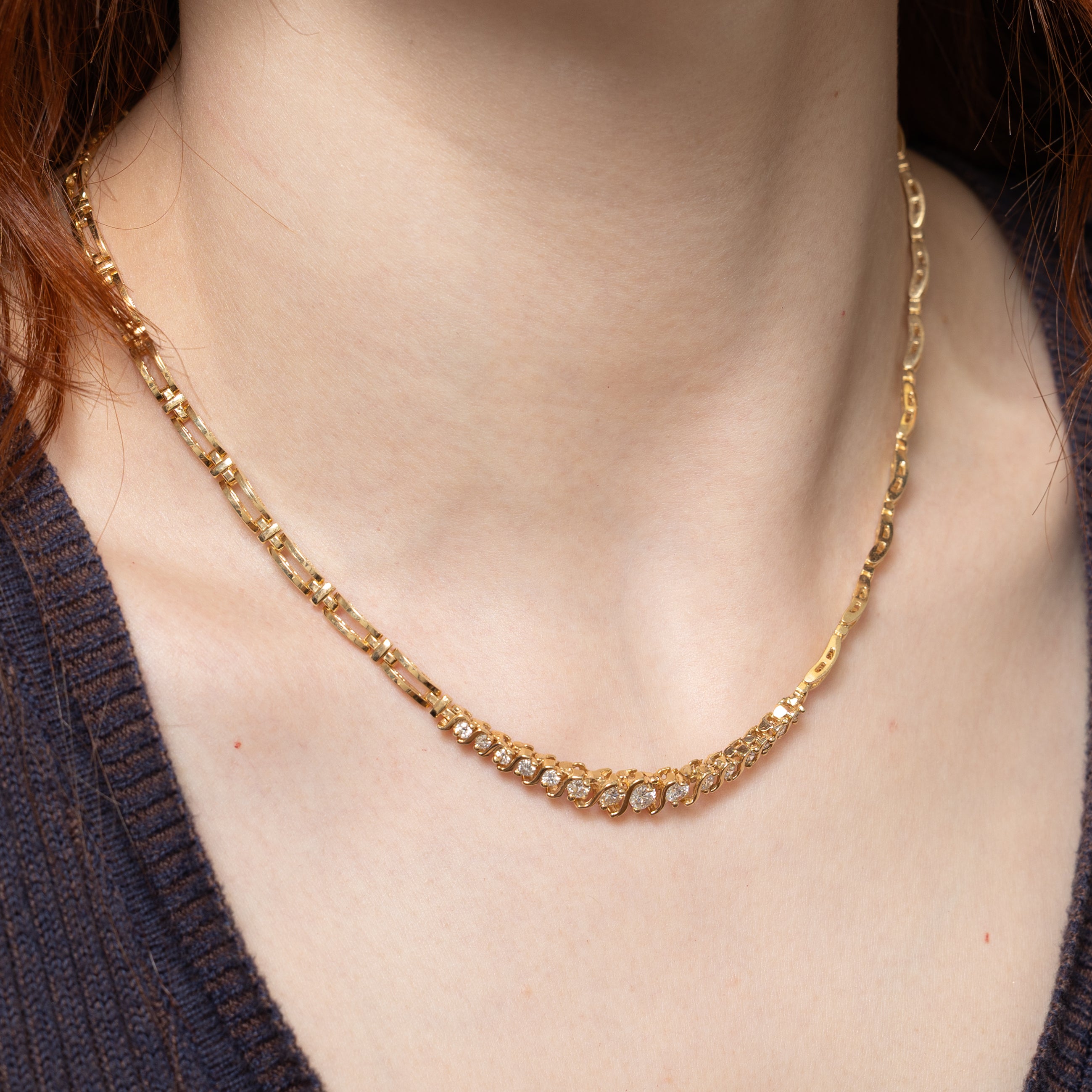 Yellow Gold Diamond Rectangle Link Necklace | 1.26ctw | 16"