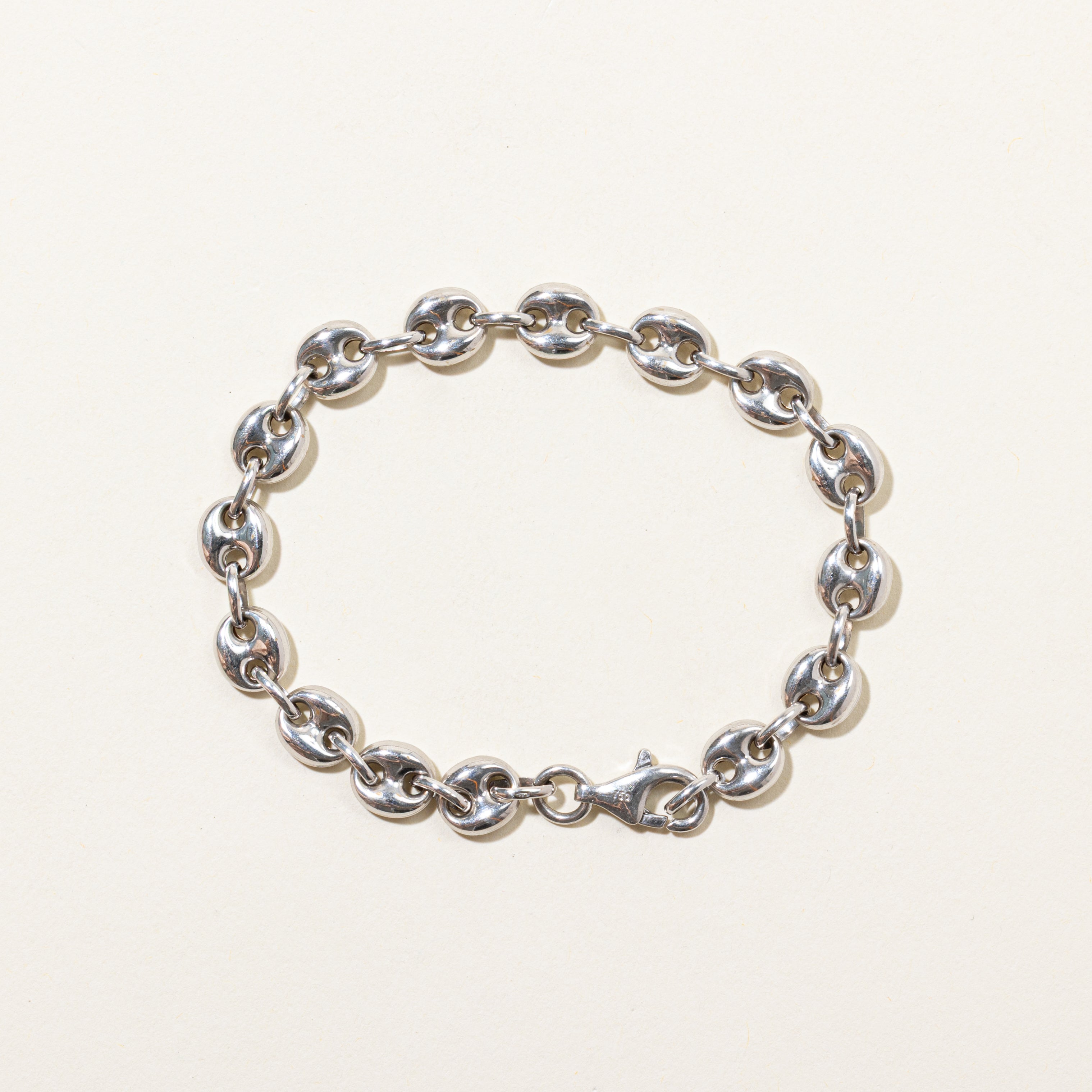 18k White Gold Puffed Anchor Chain Bracelet | 7"