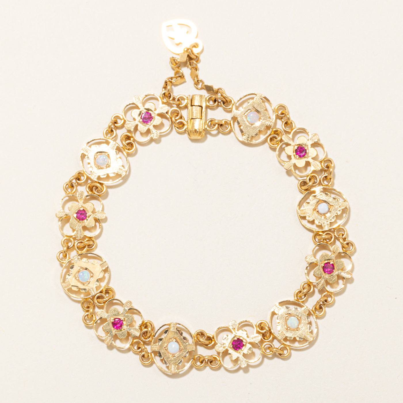 20k Yellow Gold Synthetic Ruby & Opal Filigree Bracelet | 1.00ctw | 8" |