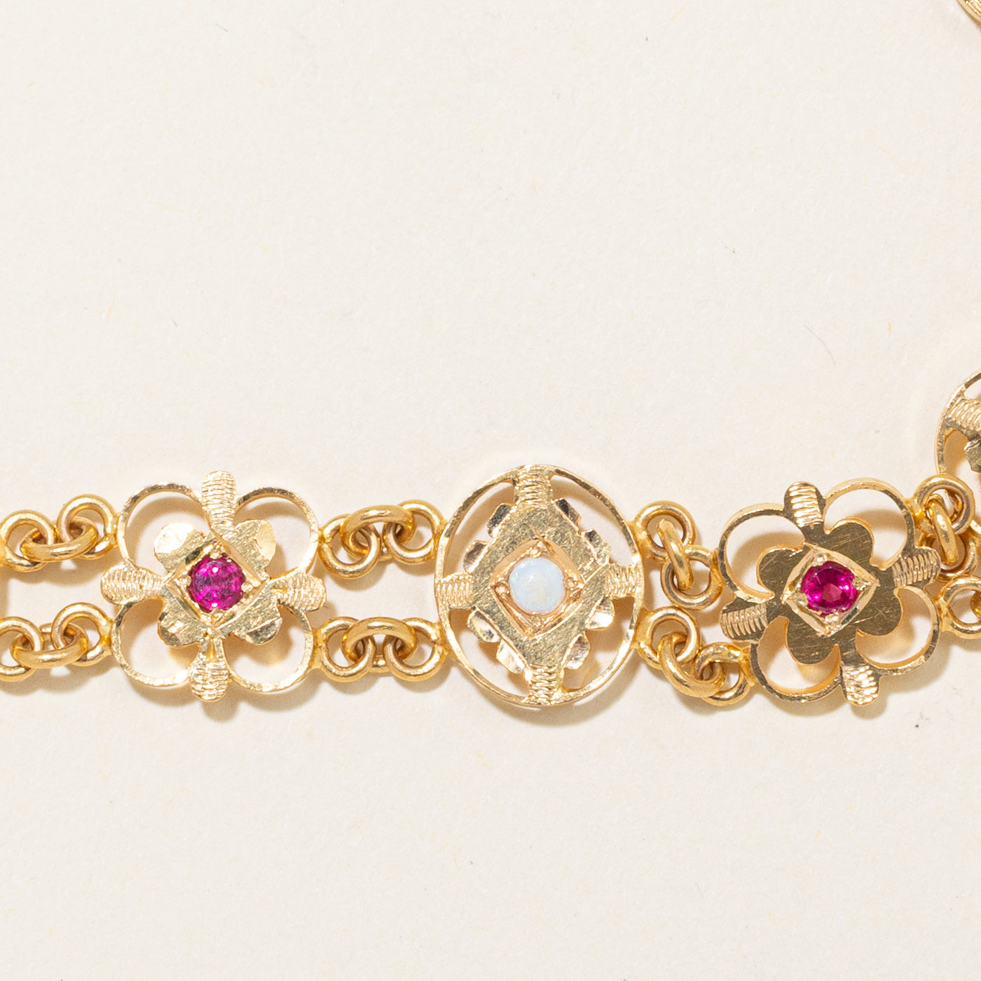 20k Yellow Gold Synthetic Ruby & Opal Filigree Bracelet | 1.00ctw | 8" |