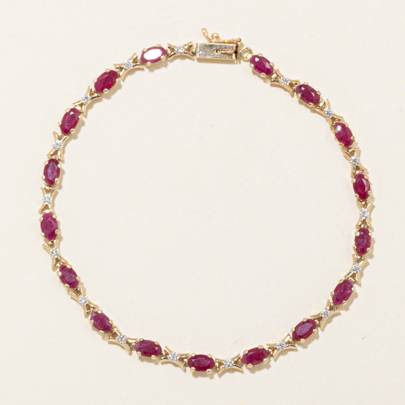 10k Yellow Gold Ruby & Diamond "XO" Link Bracelet | 4.25ctw, 0.08ctw | 7.5"