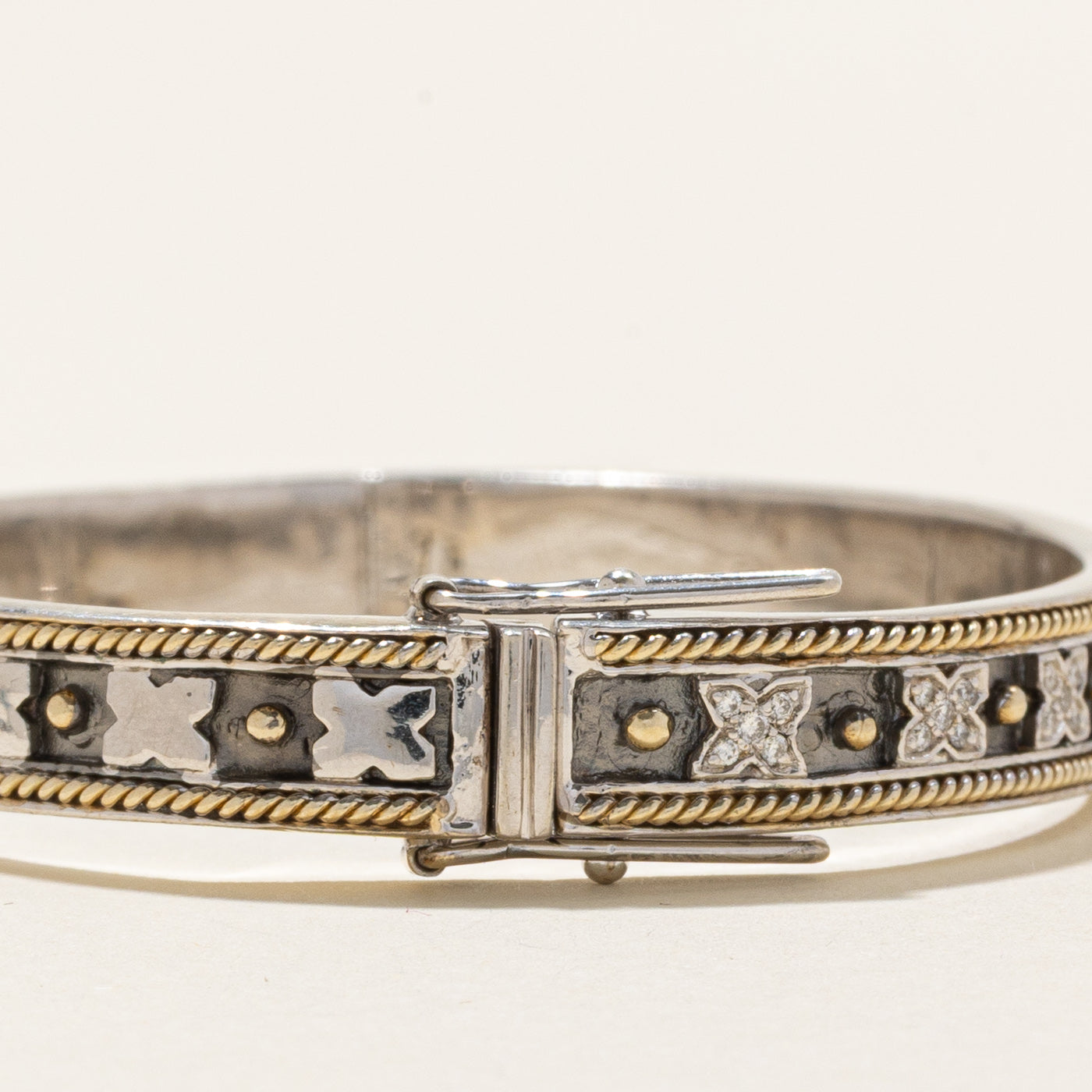 'Fred Mak' Sterling Silver & Yellow Gold Illusion Set Diamond Bangle | 0.69ctw | 7" |