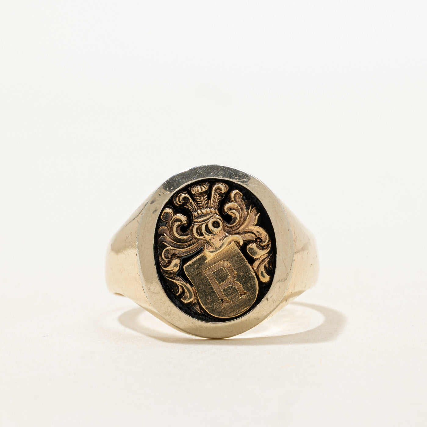 10K Yellow Gold "R" Initial Crest Signet Ring | SZ 11