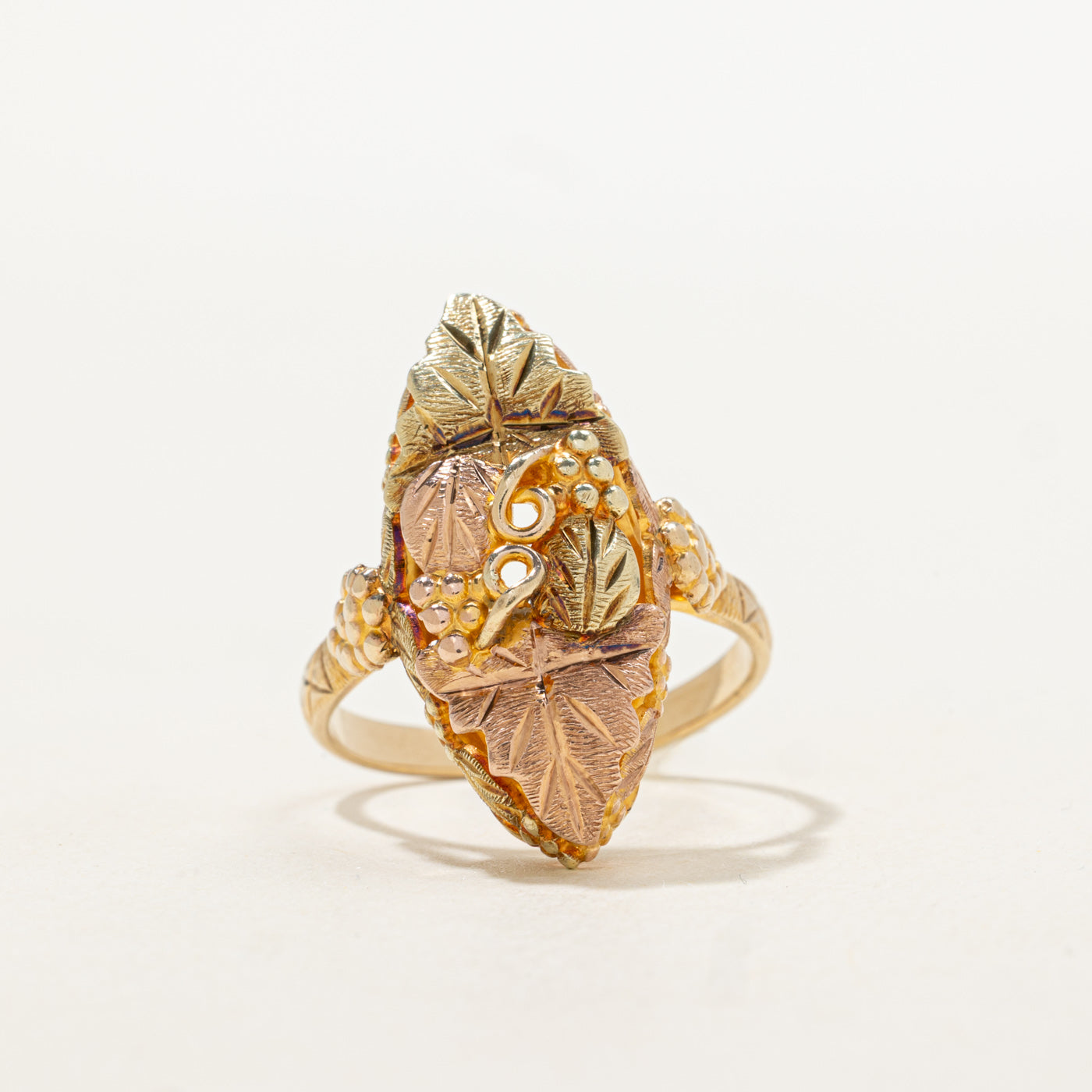 10K Tri Tone Gold Floral Engraved Marquise Shaped Ring | SZ 8.25