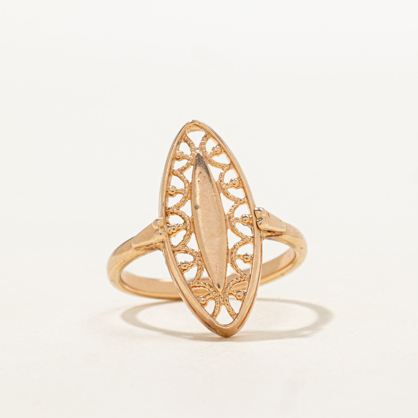 1992 Soviet Hallmarked 14k Ornate Openwork Marquise Shaped Ring | SZ 6.75