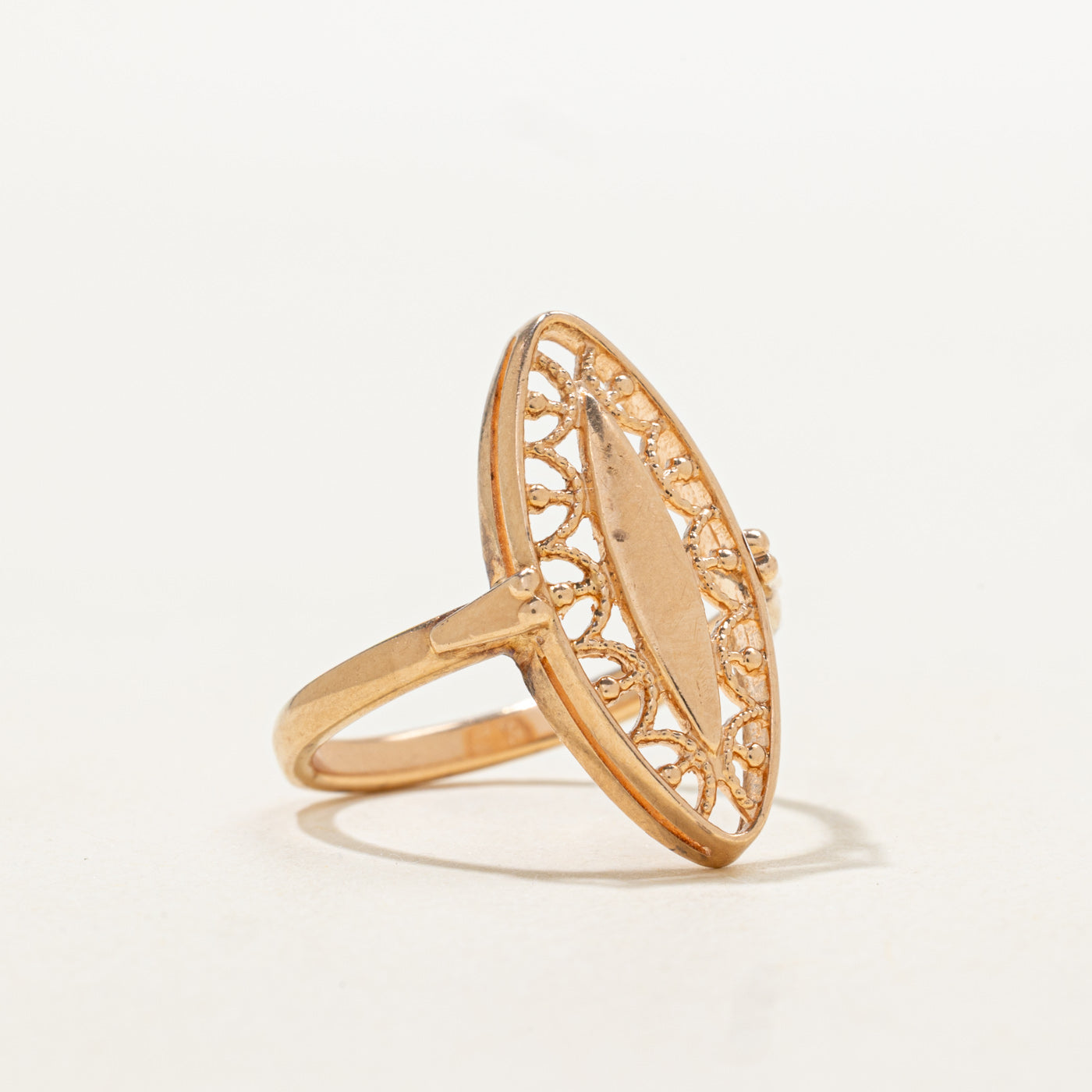 1992 Soviet Hallmarked 14k Ornate Openwork Marquise Shaped Ring | SZ 6.75
