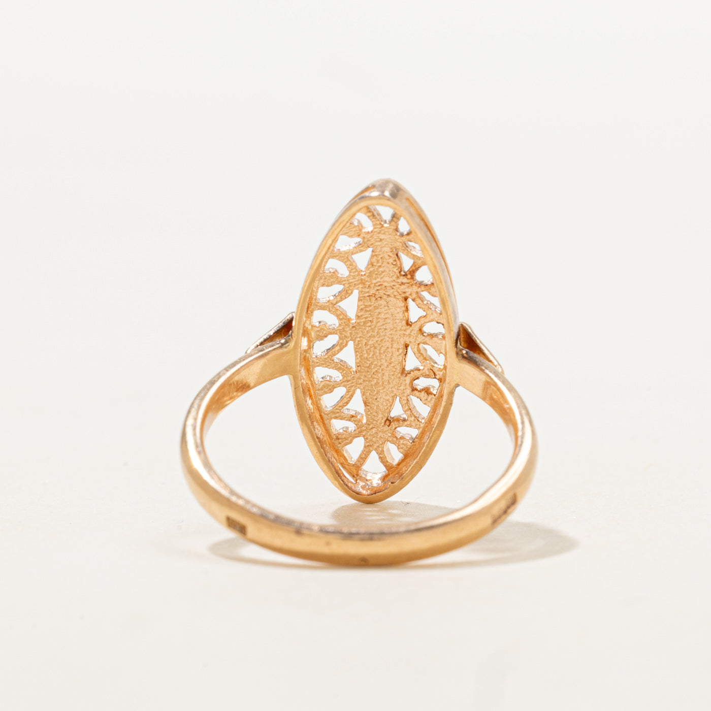 1992 Soviet Hallmarked 14k Ornate Openwork Marquise Shaped Ring | SZ 6.75