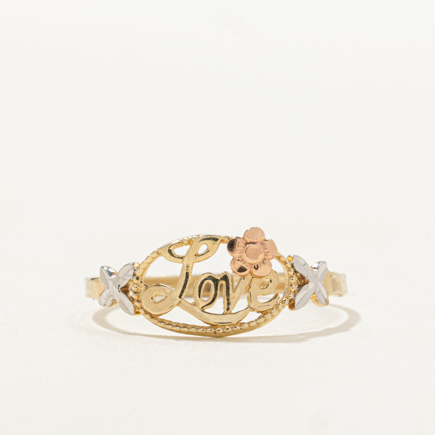 10K Tri Tone Gold Floral "Love" Ring | SZ 7.25