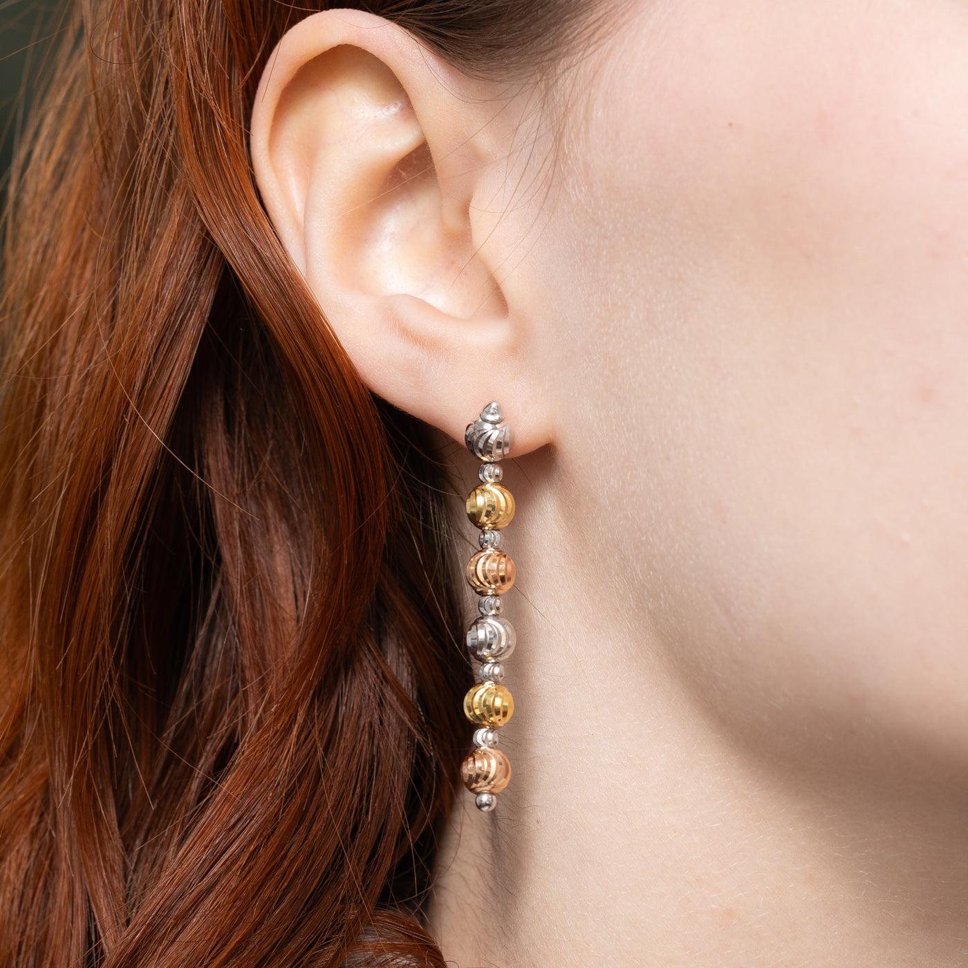 Tri Tone Gold Grooved Bead Drop Earrings