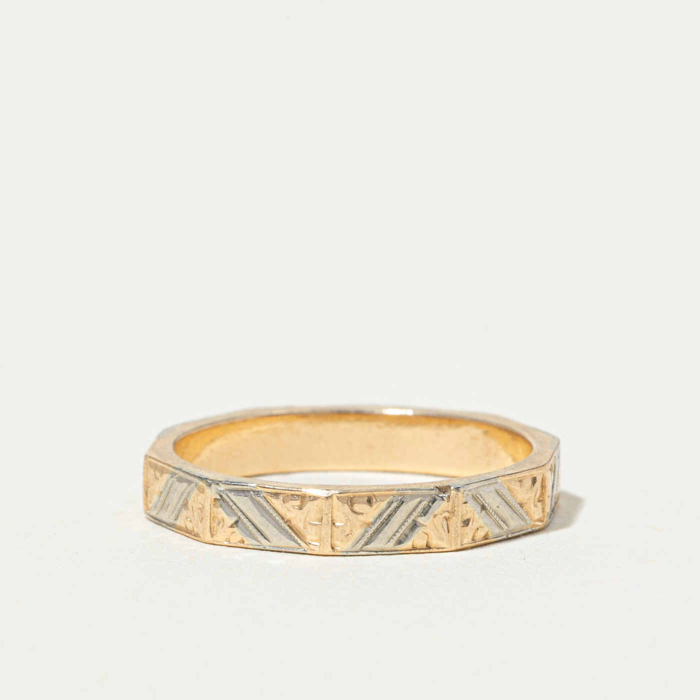 14k Two Tone Gold Geometric Engraved Band | 3mm | SZ 6
