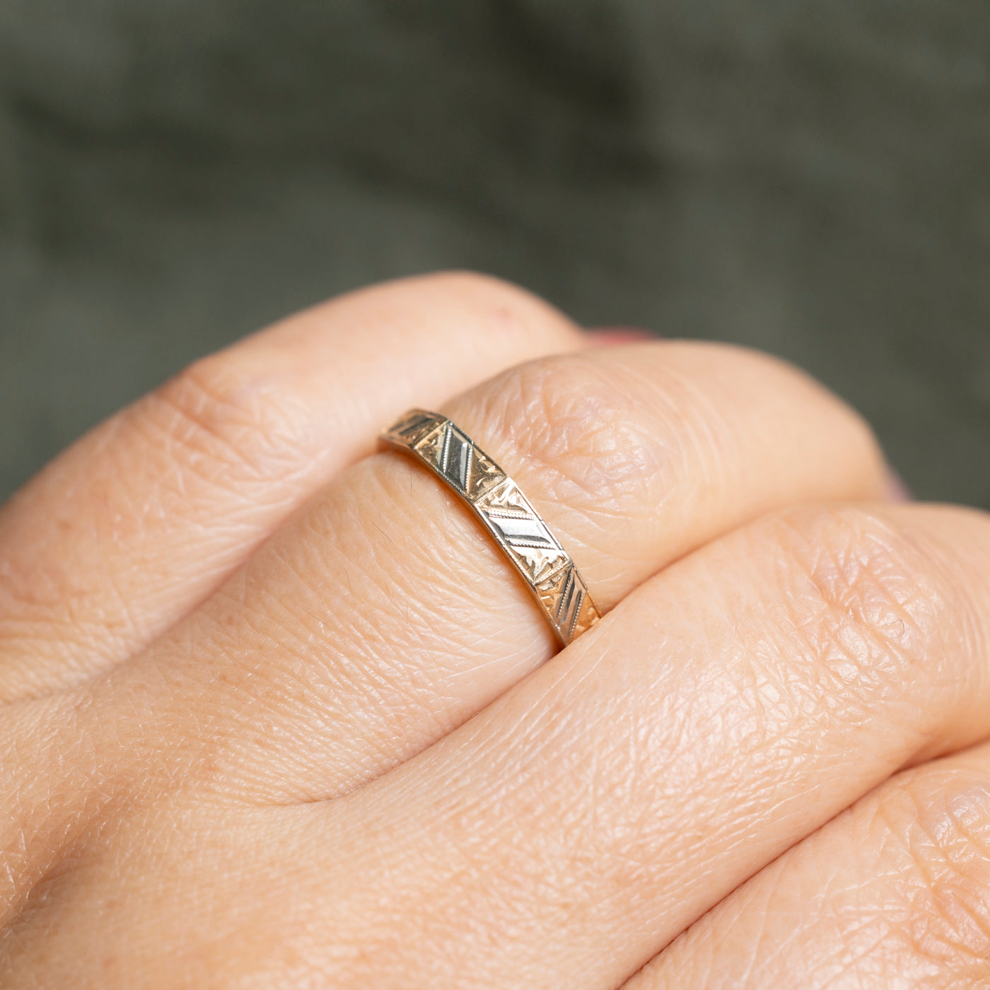 14k Two Tone Gold Geometric Engraved Band | 3mm | SZ 6