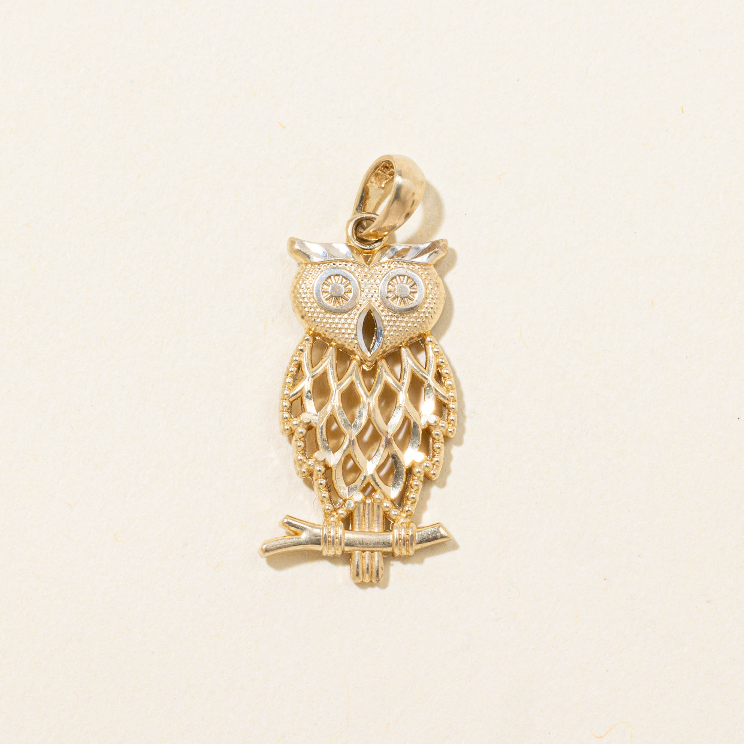 14k Textured Owl Pendant