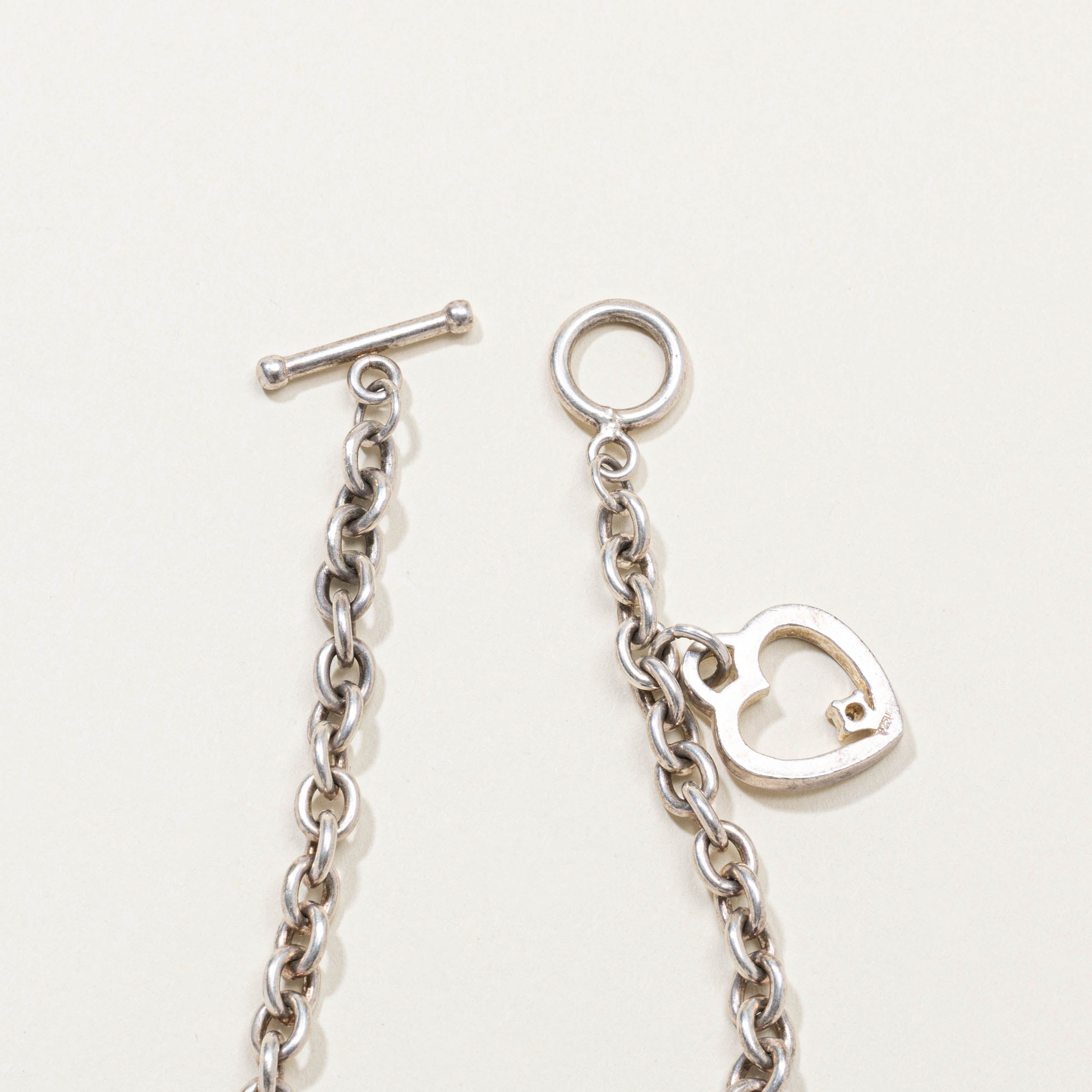 Sterling Silver Diamond Heart Charm Chain Bracelet | 8"