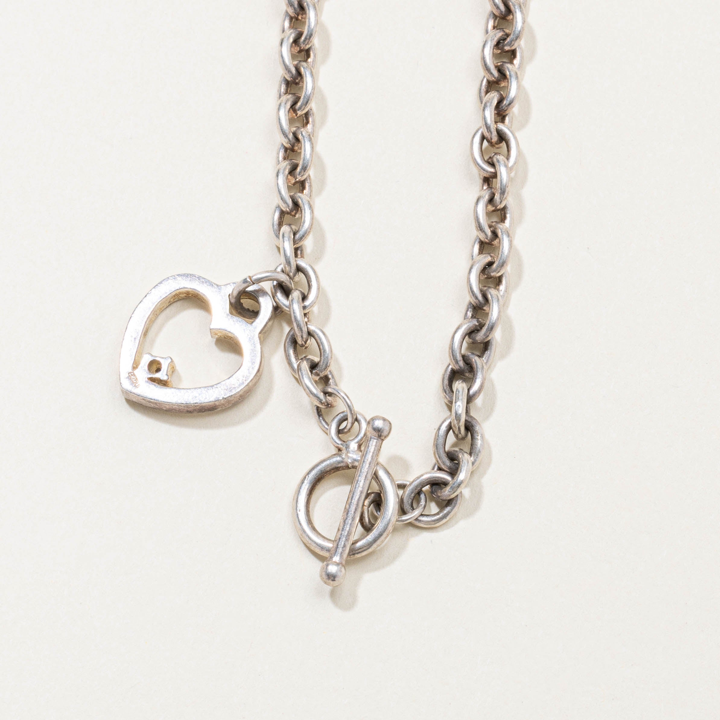 Sterling Silver Diamond Heart Charm Chain Bracelet | 8"