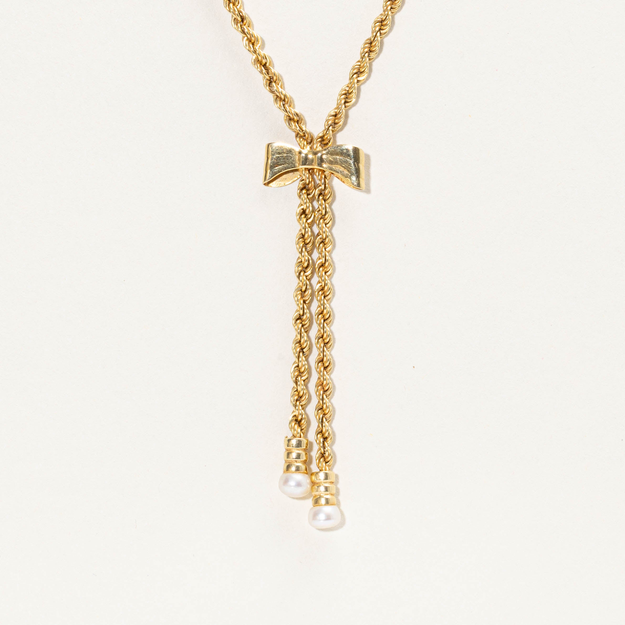 14k Pearl Bow Rope Lariat Necklace | 17"