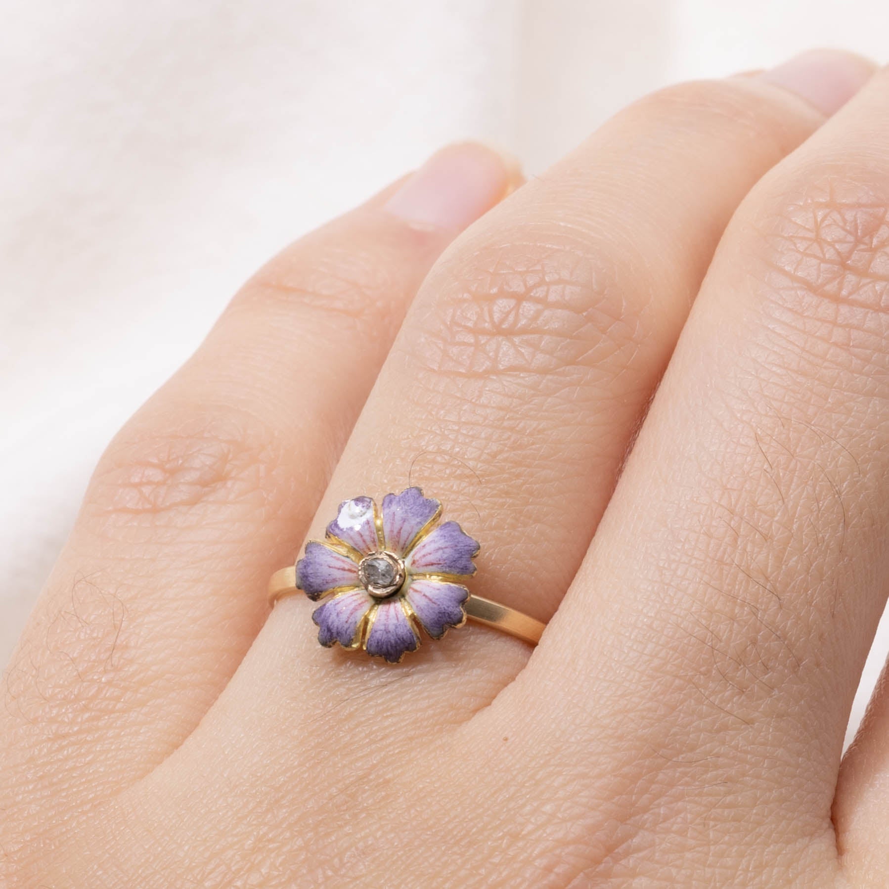 14k Antique Enamel Anemone Flower Ring | SZ 6.5