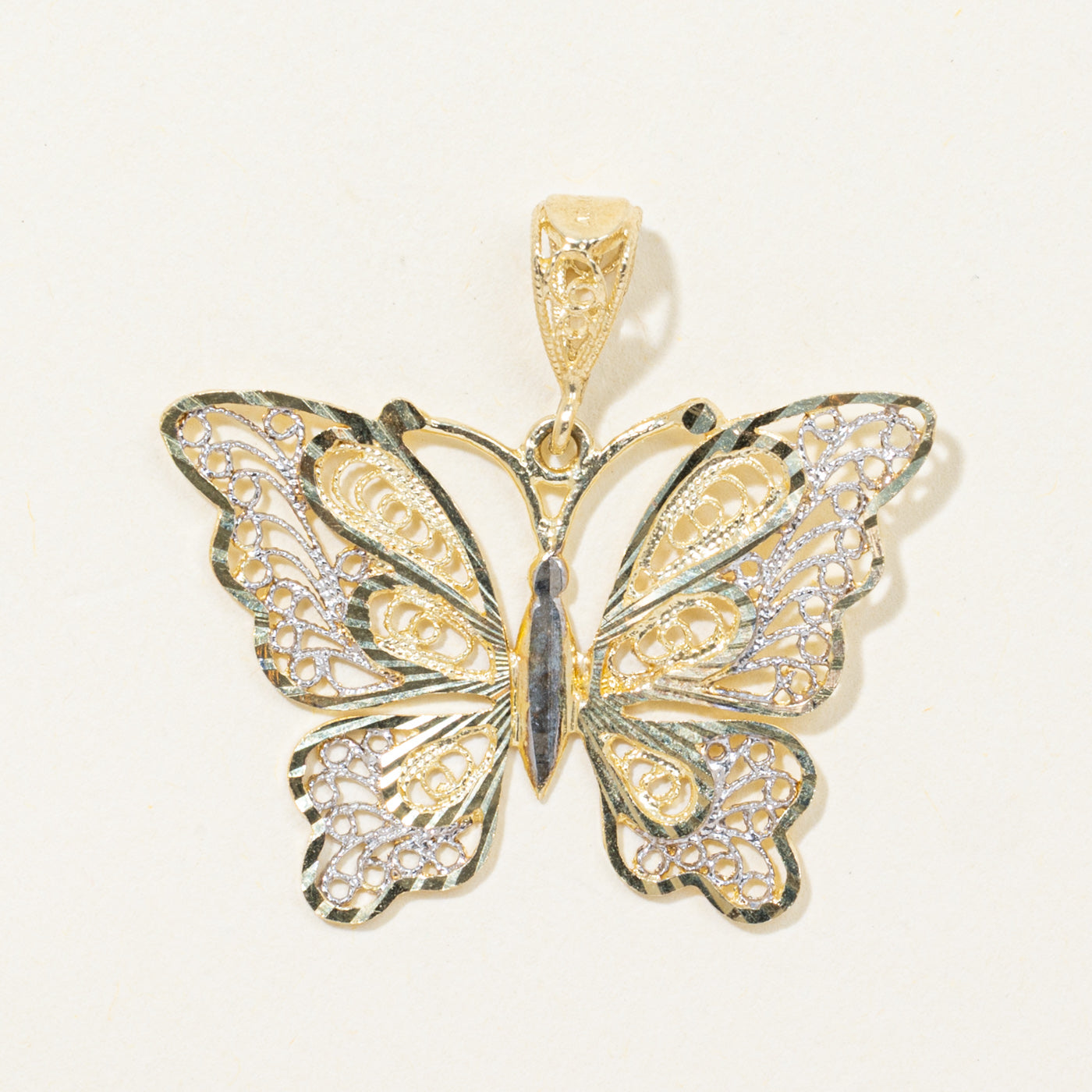 10k Two Tone Filigree Butterfly Pendant