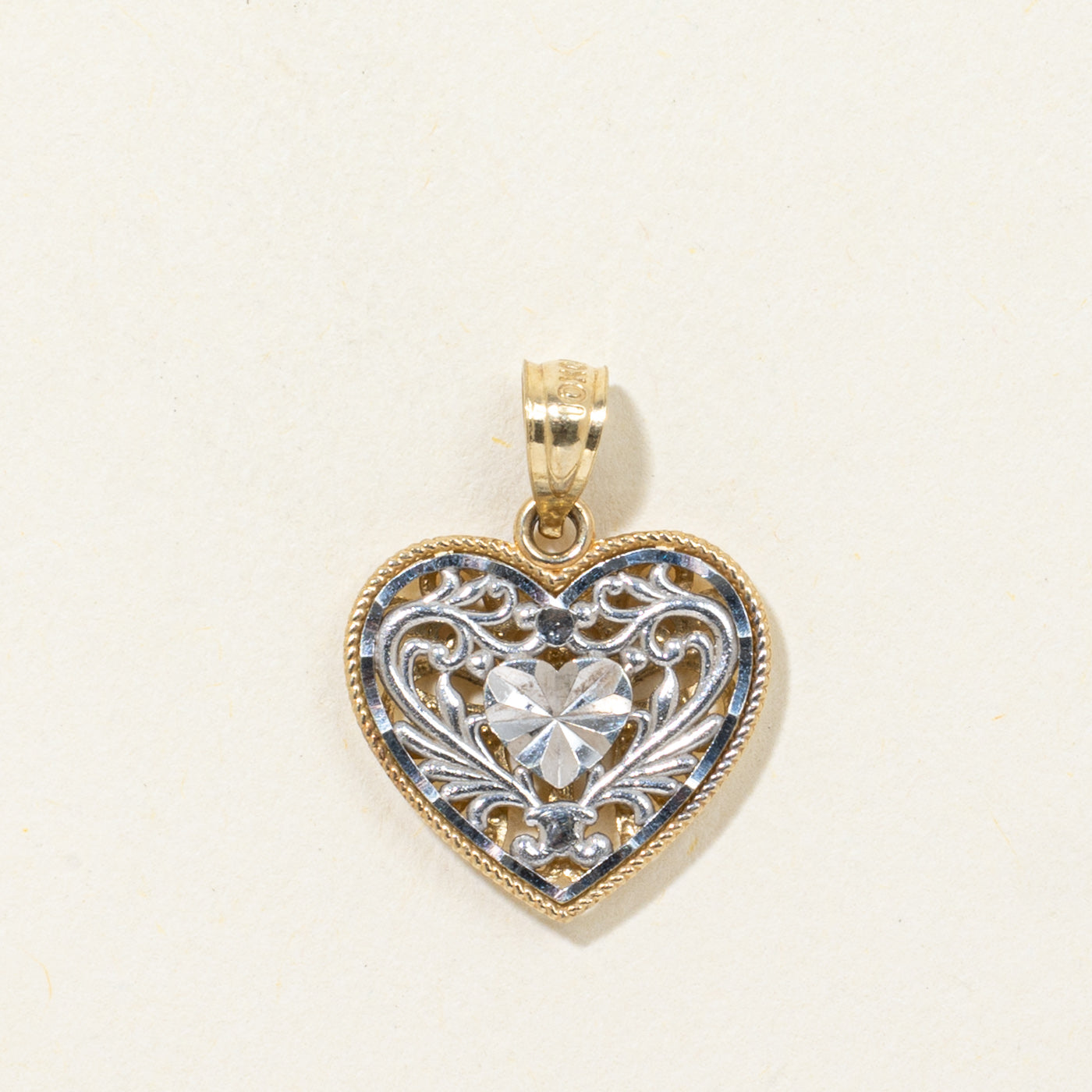 10k Two Tone Filigree Heart Pendant