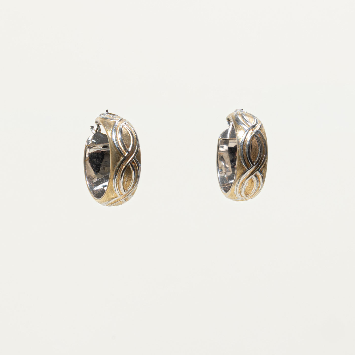 14k Two Tone Gold Wave Embossed Hoop Earrings