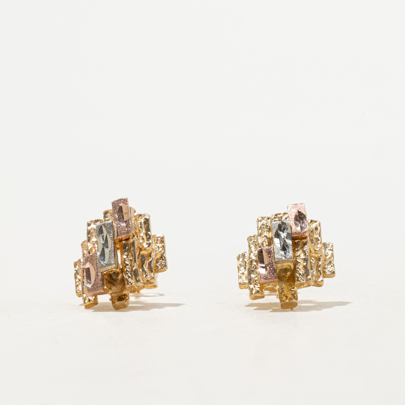 10k Tri Tone Gold Textured Abstract Stud Earrings