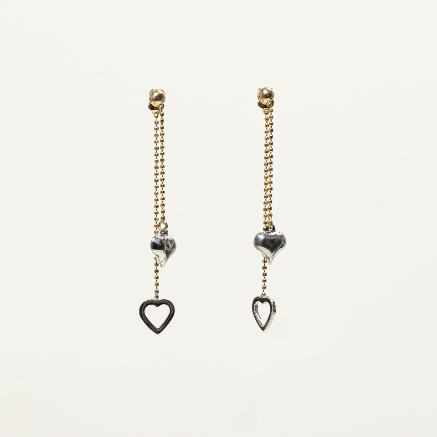14k Two Tone Gold Heart Drop Chain Earrings