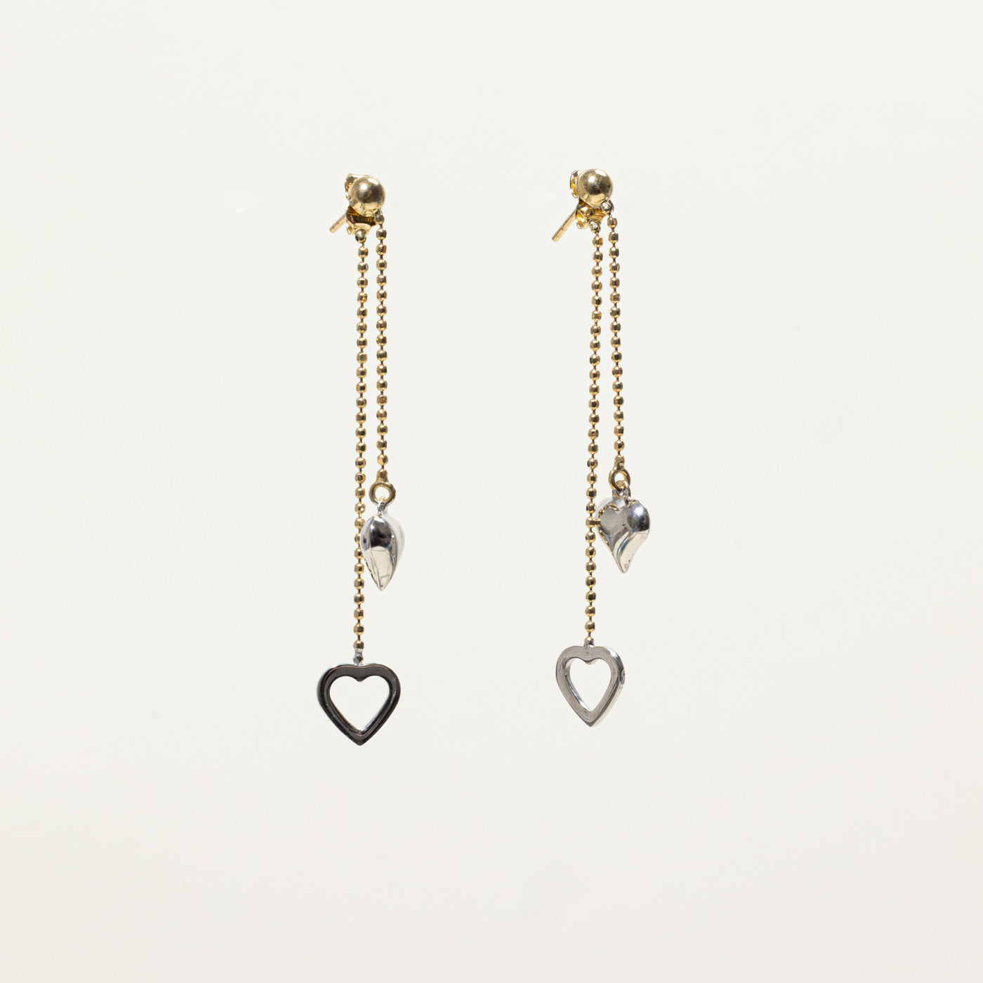 14k Two Tone Gold Heart Drop Chain Earrings