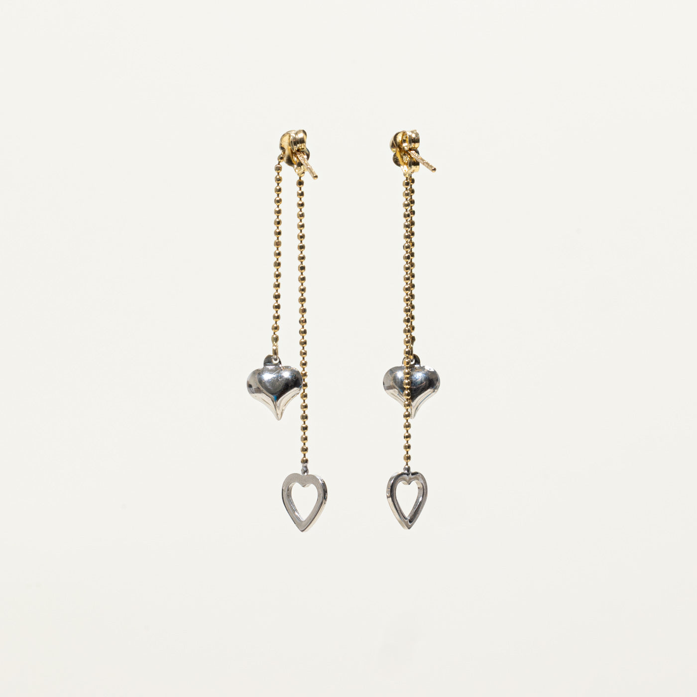 14k Two Tone Gold Heart Drop Chain Earrings