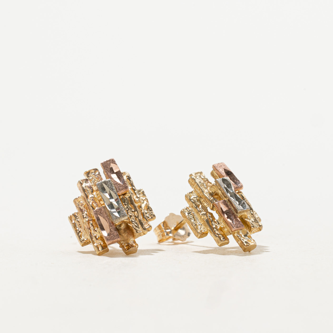 10k Tri Tone Gold Textured Abstract Stud Earrings