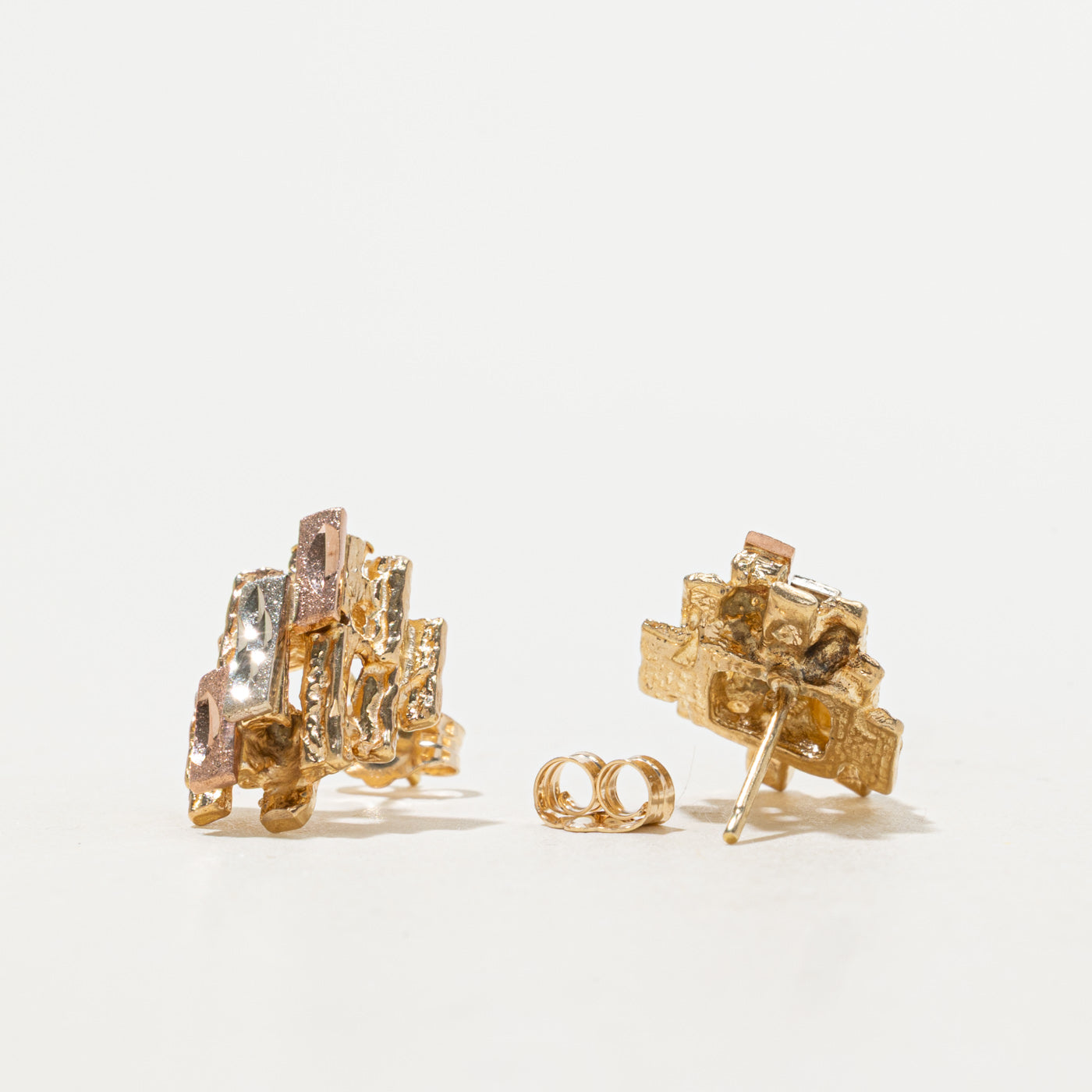10k Tri Tone Gold Textured Abstract Stud Earrings