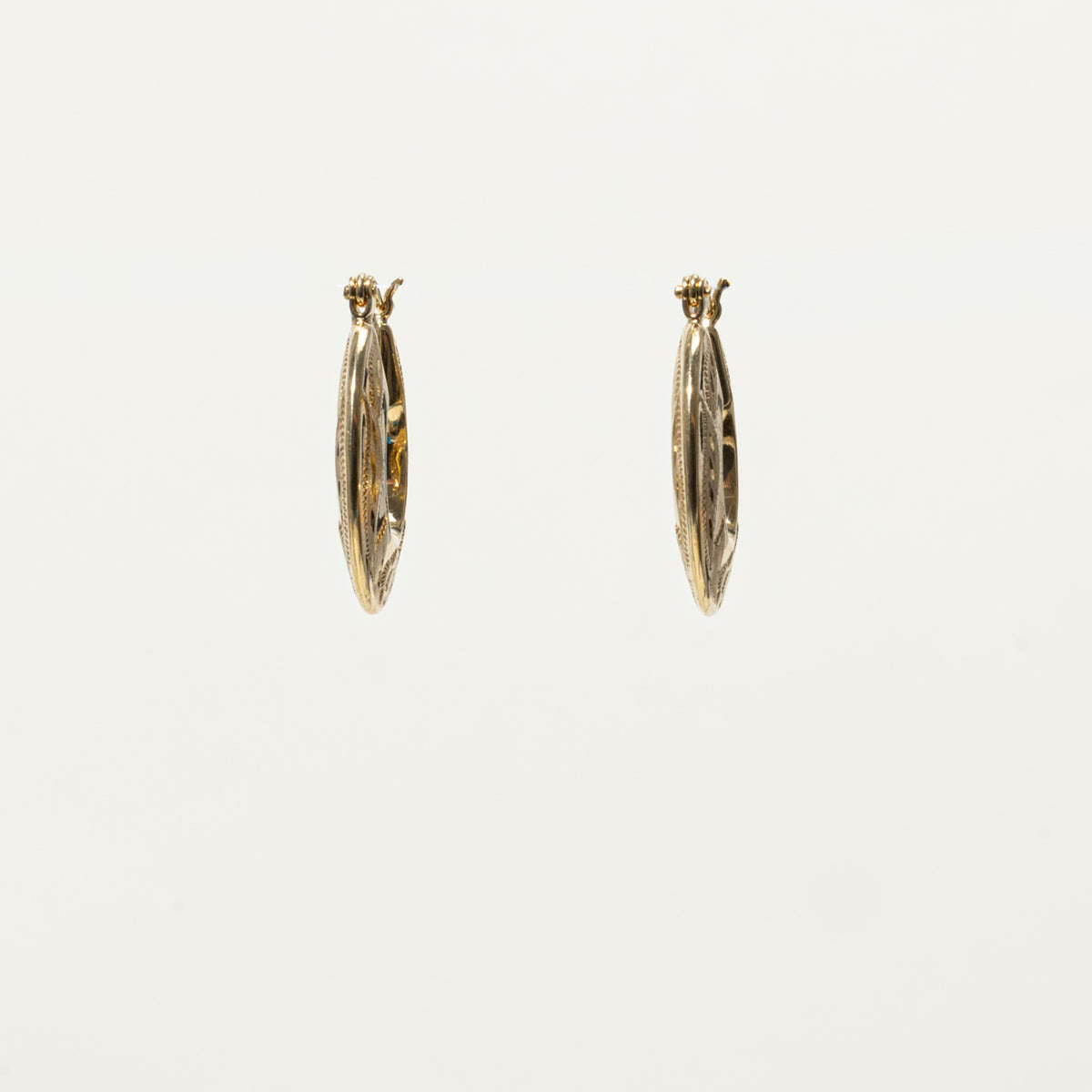 14k Yellow Gold Engraved Floral Hoop Earrings
