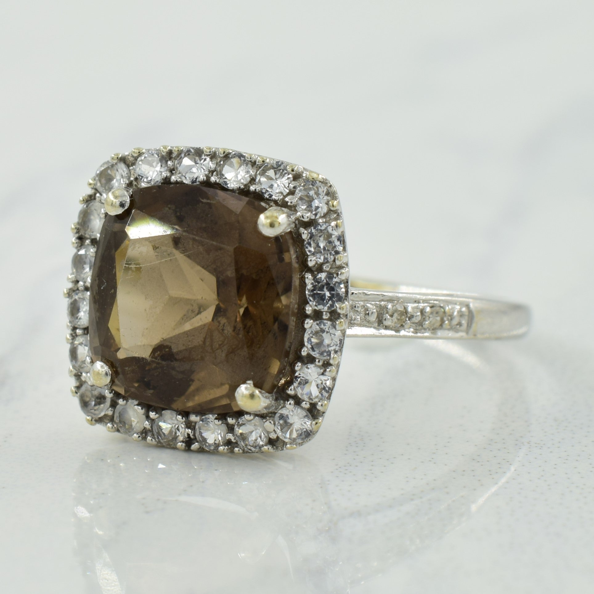 Smoky Quartz, Synthetic White Sapphire, & Diamond Ring | 3.74ct, 0.50ctw, 0.02ctw | SZ 5.25 |