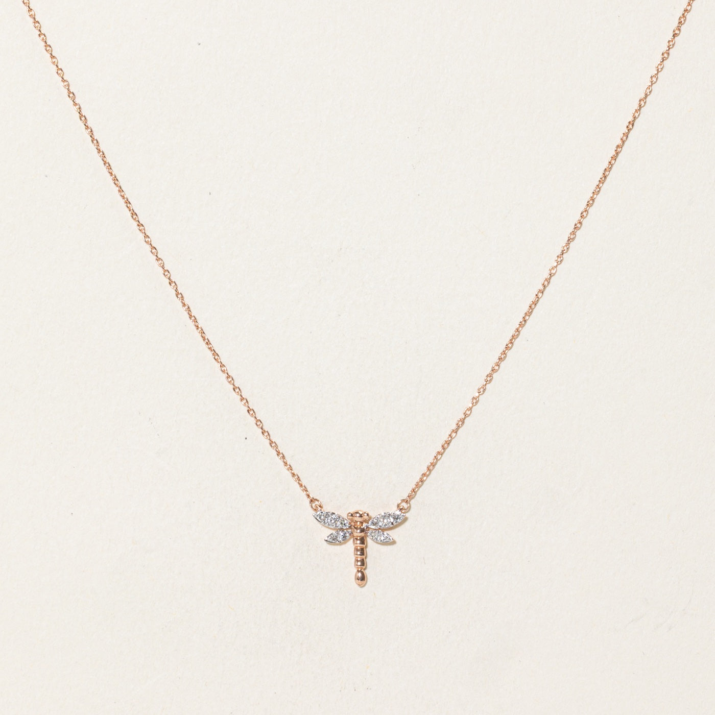 10k Rose Gold Diamond Dragonfly Pendant Necklace | 17"