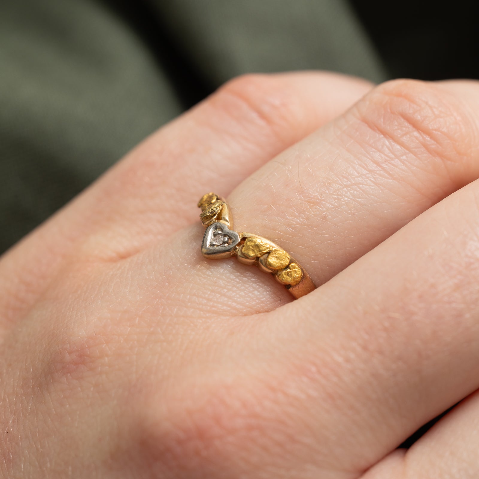 Diamond & Gold Nugget Heart Chevron Ring | 0.005ct | SZ 6