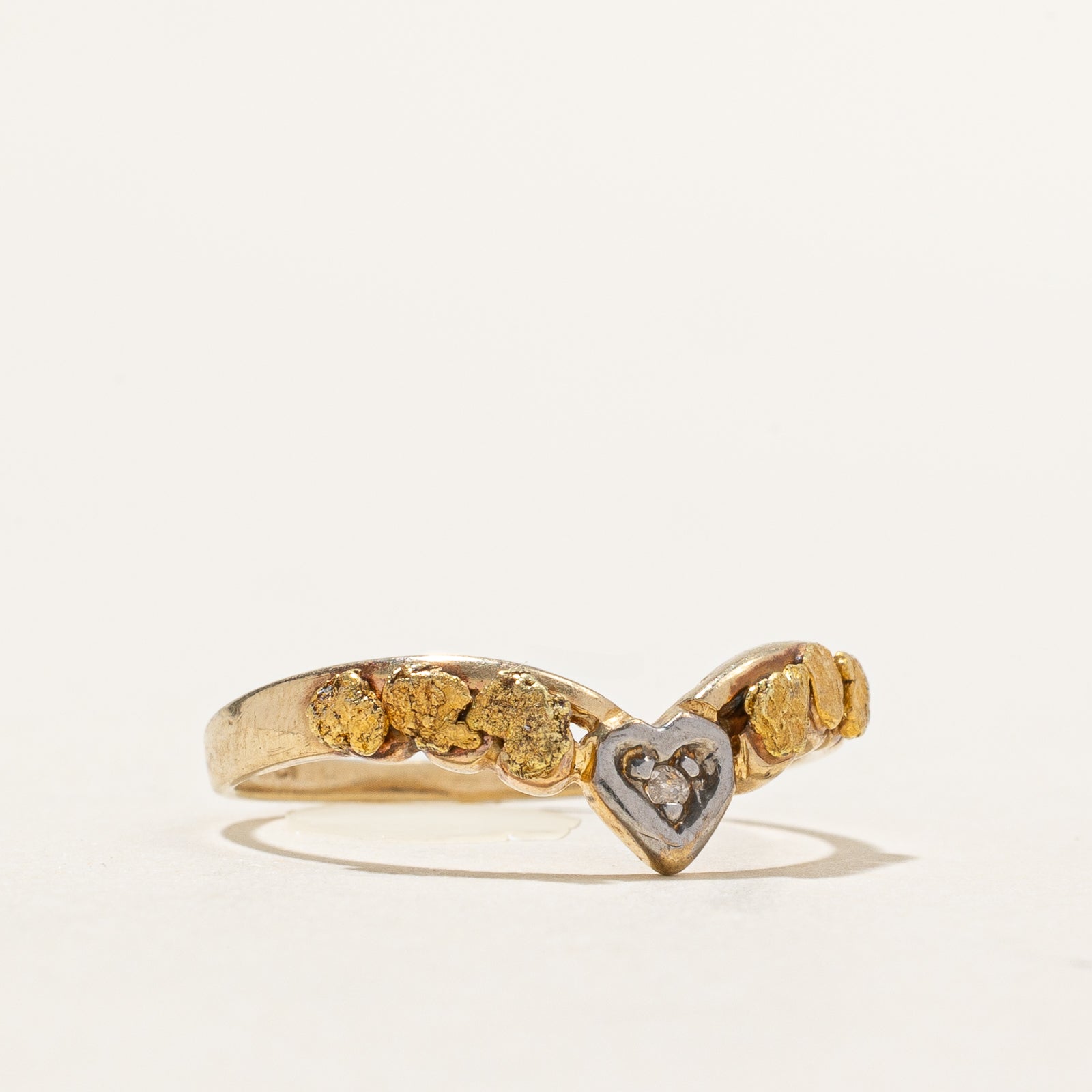 Diamond & Gold Nugget Heart Chevron Ring | 0.005ct | SZ 6
